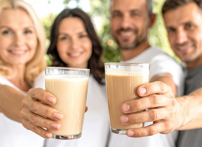 Vier Personen stoßen im Freien mit Gläsern eines cremigen Proteinshakes an
