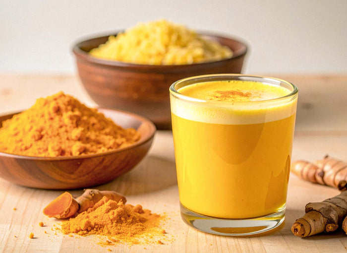 Goldene Milch im Glas mit Curcuma-Pulver in Schälchen und frischer Curcuma-Wurzel im Hintergrund