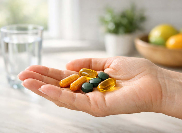 Hand mit verschiedenen Nahrungsergänzungsmittel-Kapseln und -Tabletten, im Hintergrund ein Glas Wasser und Obst