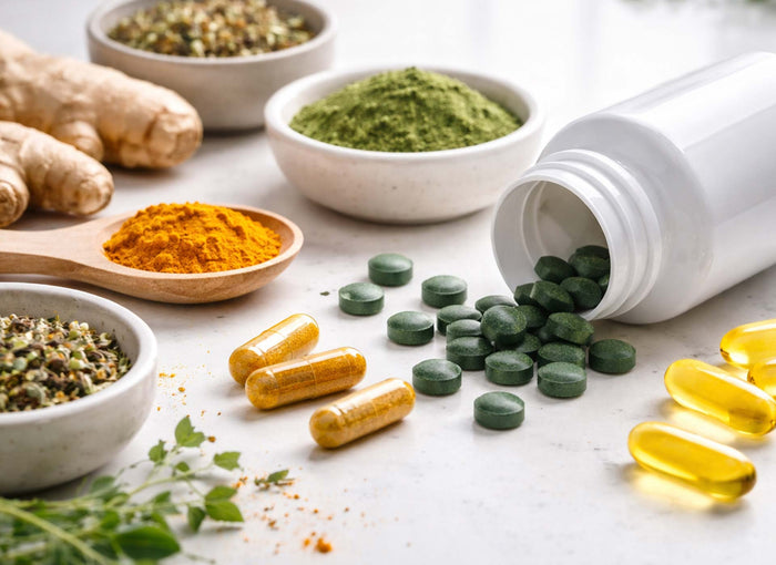 Verschiedene pflanzliche Pulver, Kapseln und Tabletten neben Ingwerwurzeln – Vielfalt an Nahrungsergänzungsmitteln