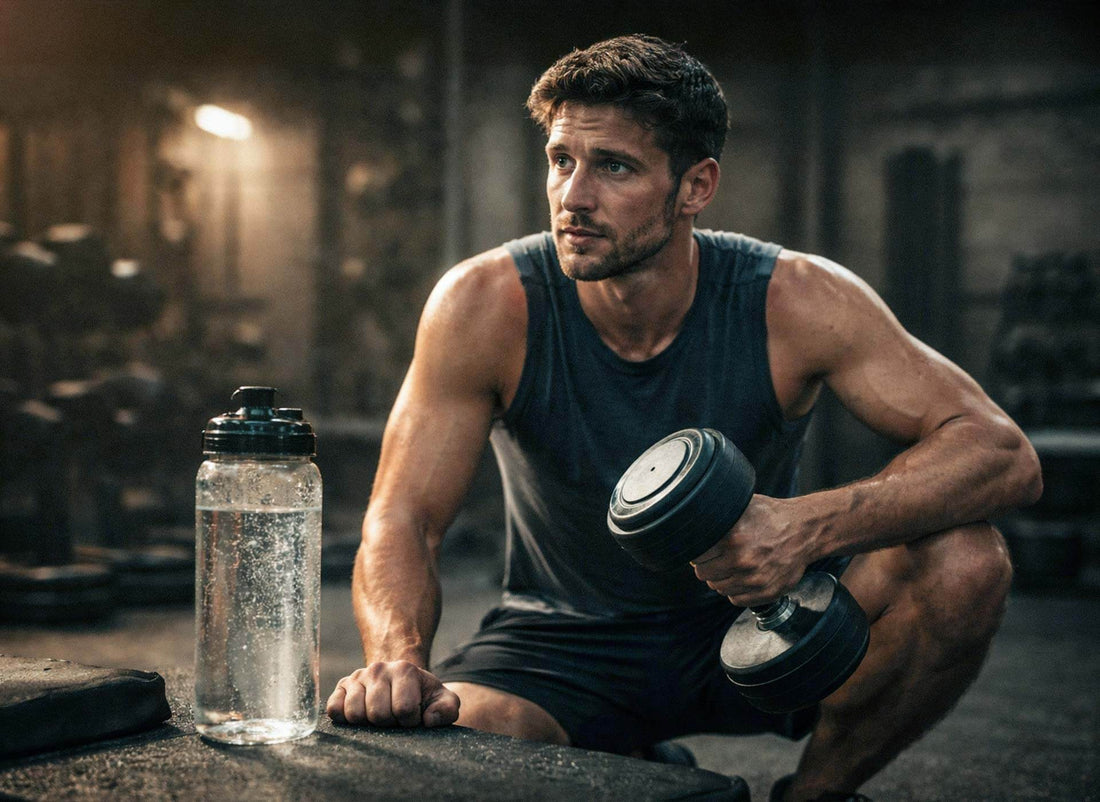 Mann im Fitnessstudio mit Hantel und Trinkflasche – Flüssigkeitsstrategie im Krafttraining