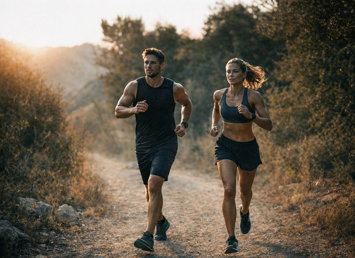 Mann und Frau joggen bei Sonnenuntergang auf einem Waldweg – Flüssigkeitsstrategie im Ausdauertraining