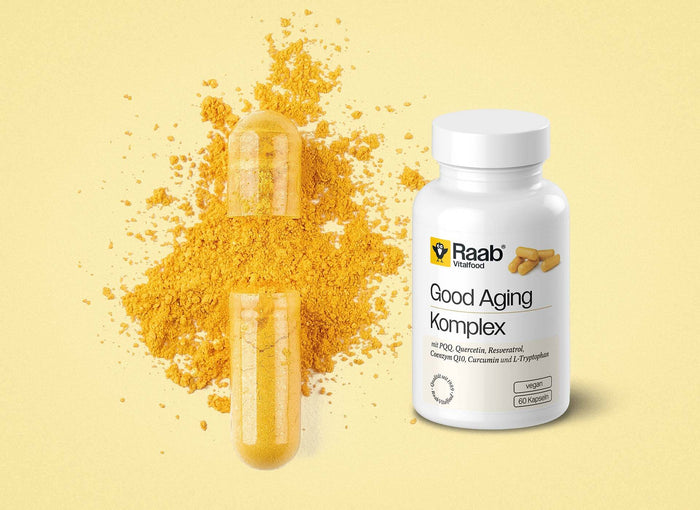 Raab Vitalfood Good Aging Komplex – Kapseln und Dose mit PQQ, Quercetin, Resveratrol, Coenzym Q10, Curcumin und L-Tryptophan