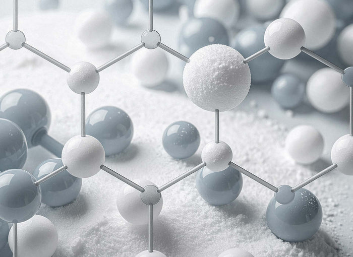 Molekülmodell aus Kugeln und Stäben auf weißem Pulver – wissenschaftliche Darstellung eines Nährstoffkomplexes