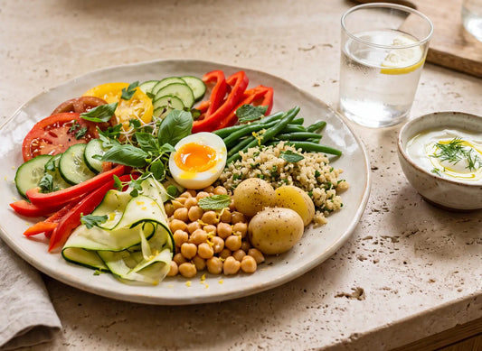 Bunter Teller mit Gemüse, Ei, Kichererbsen, Kartoffeln und Quinoa neben einem Glas Wasser