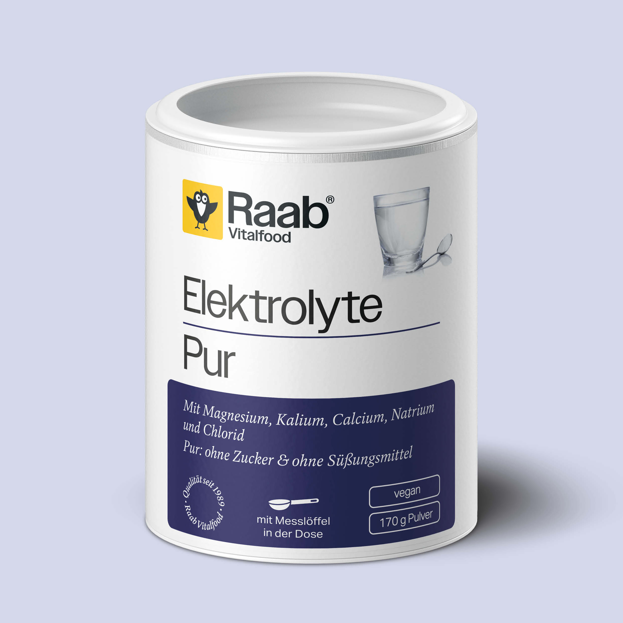 Dose Raab Vitalfood Elektrolyte Pur mit 170 g Pulver, veganes Elektrolytpulver ohne Zucker und Süßungsmittel, mit Mineralstoffen wie Magnesium, Kalium und Calcium.