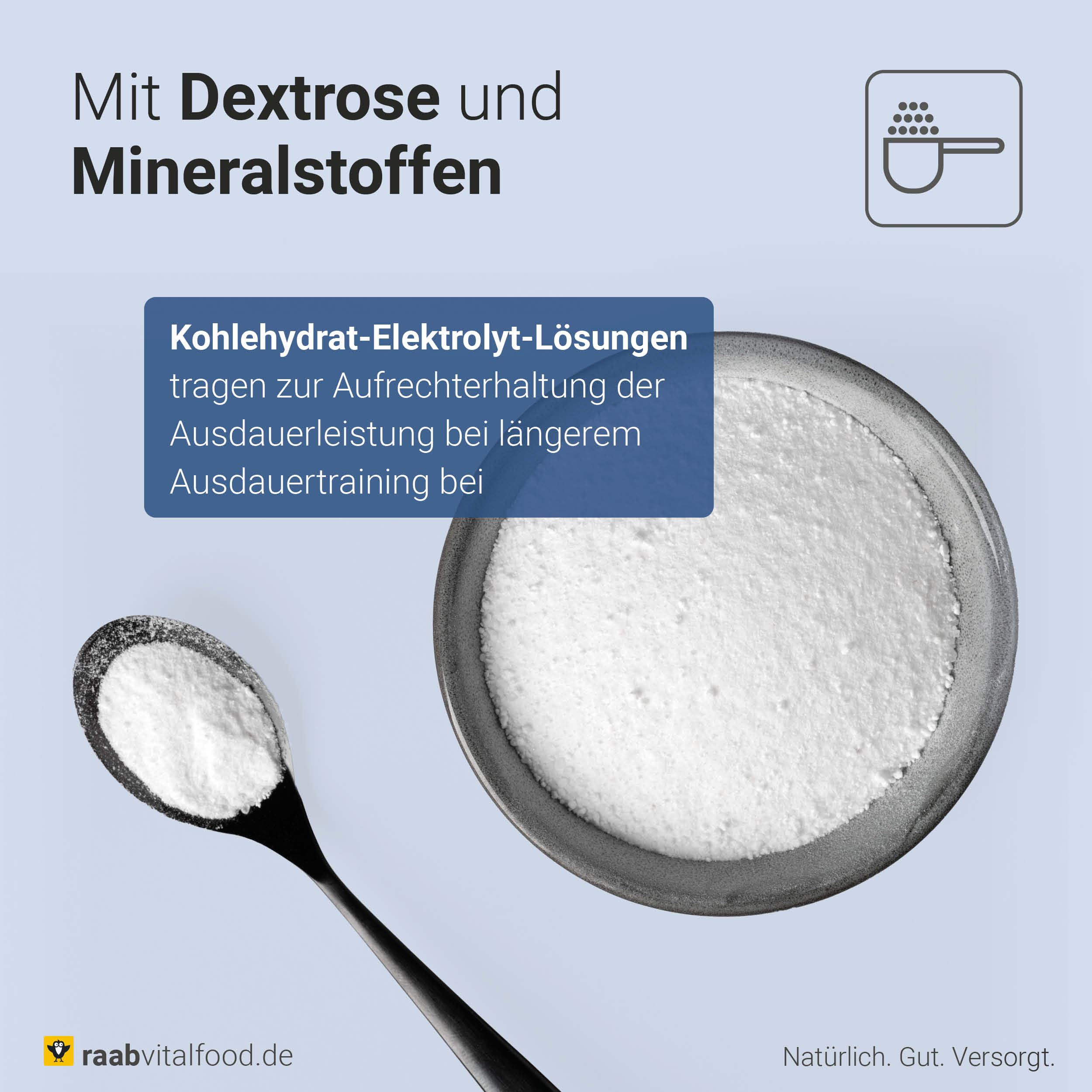 Löffel und Schale mit weißem Pulver auf hellem Hintergrund, Text zu Kohlenhydrat-Elektrolyt-Lösungen - tragen zur Aufrechterhaltung der Ausdauerleistung bei längerem Ausdauertraining bei