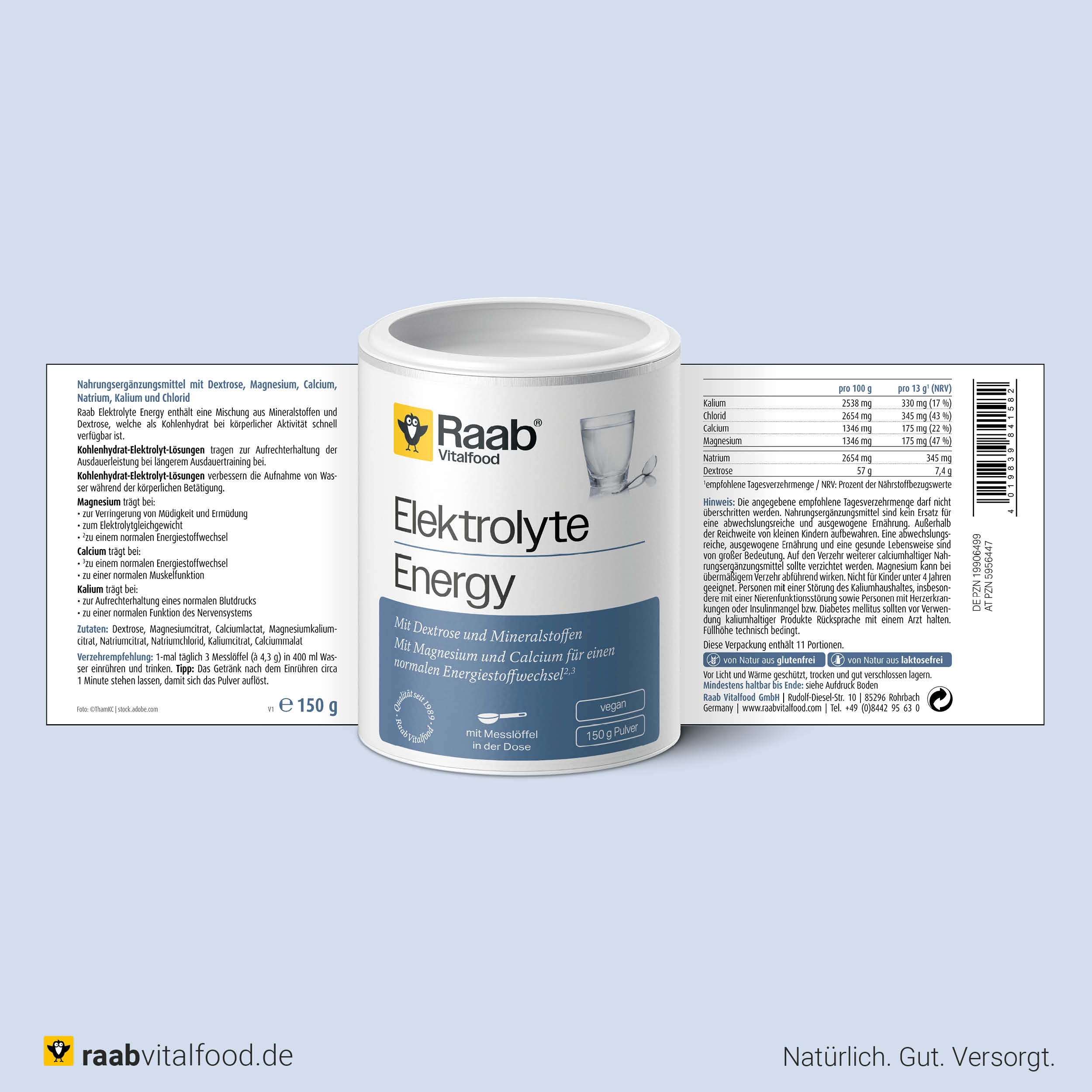 Vorder- und Rückseite der Verpackung von Raab Vitalfood Elektrolyte Energy mit Zutaten, Nährwertangaben und Anwendungsempfehlung, 150 g veganes Pulver.