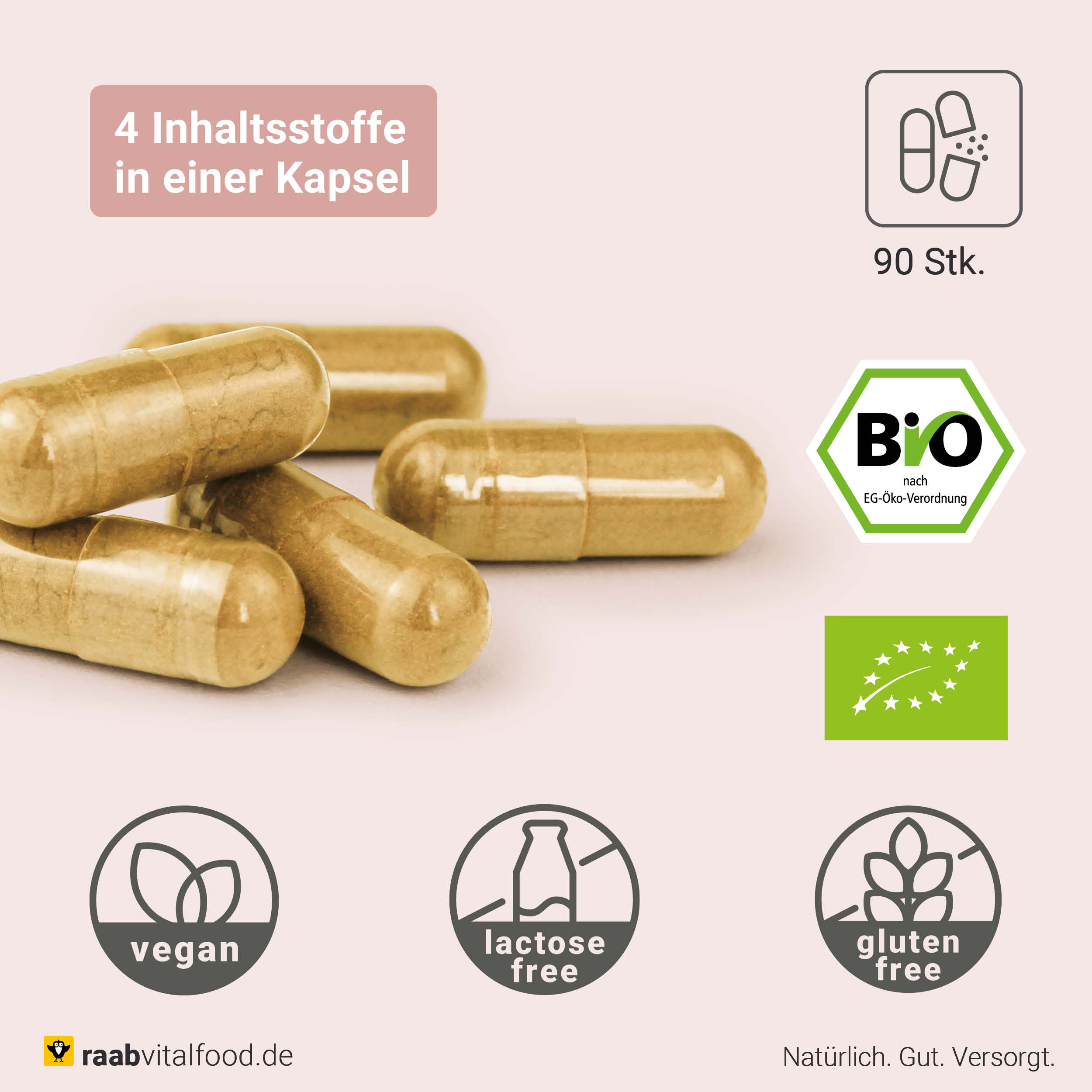 Braune Kapseln des Polyphenol Komplex von Raab Vitalfood, 90 Stück, vegan, glutenfrei, laktosefrei, Bio-zertifiziert mit 4 Inhaltsstoffen pro Kapsel.