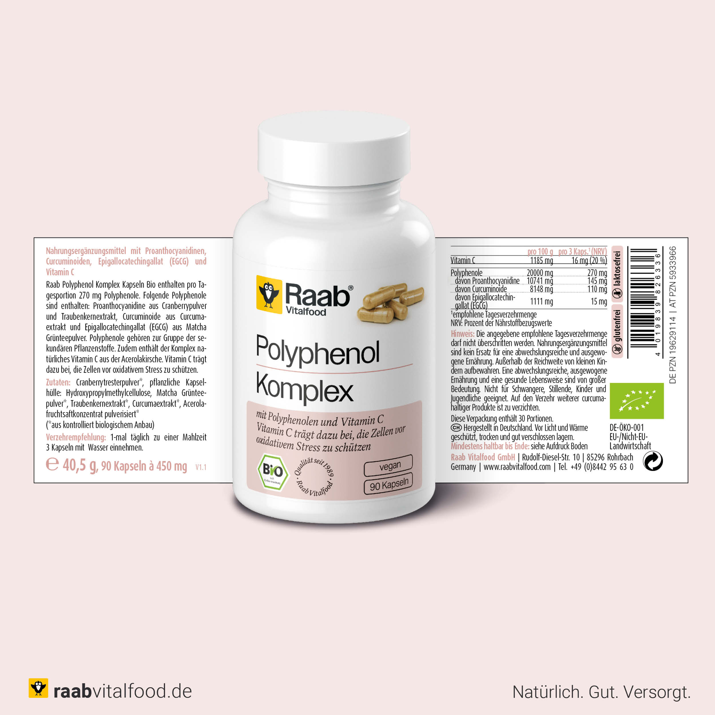 Vorder- und Rückseite der Verpackung Raab Vitalfood Polyphenol Komplex mit Zutaten, Nährwerten und Informationen zu 90 veganen Bio-Kapseln.