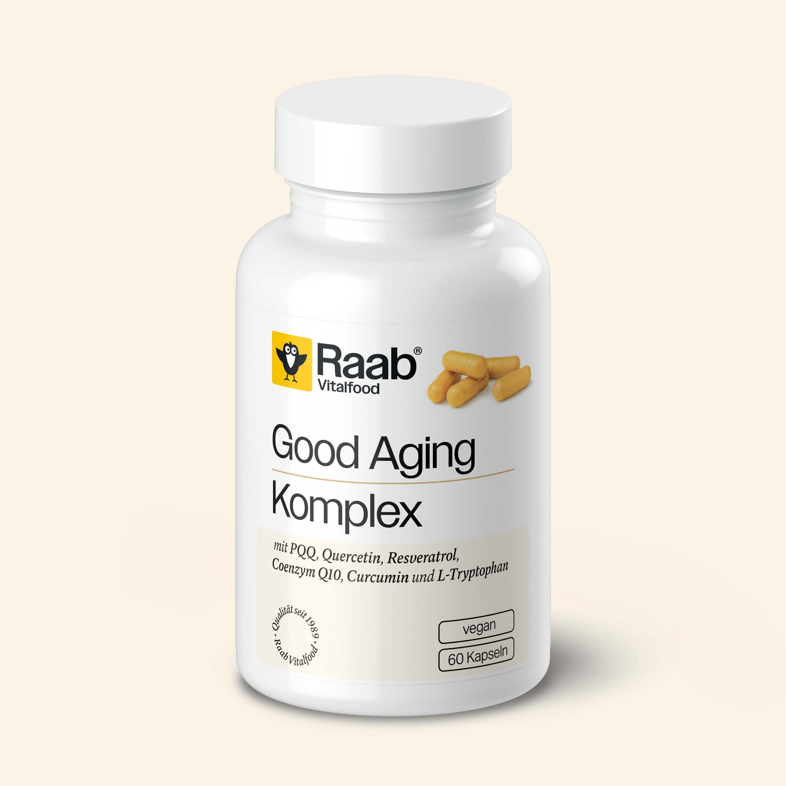 Dose Raab Vitalfood Good Aging Komplex mit 60 veganen Kapseln, mit PQQ, Quercetin, Resveratrol, Coenzym Q10, Curcumin und L-Tryptophan.