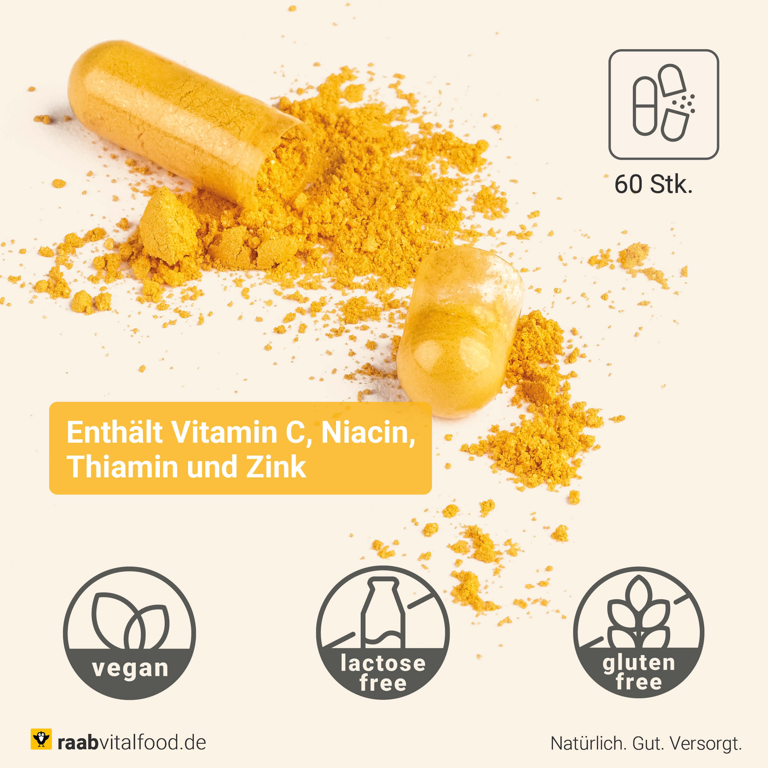Geöffnete gelbe Kapseln auf hellem Hintergrund mit Curkumapulver, Text zu Vitamin C, Niacin, Thiamin und Zink, sowie Icons für vegan, lactosefrei und glutenfrei.