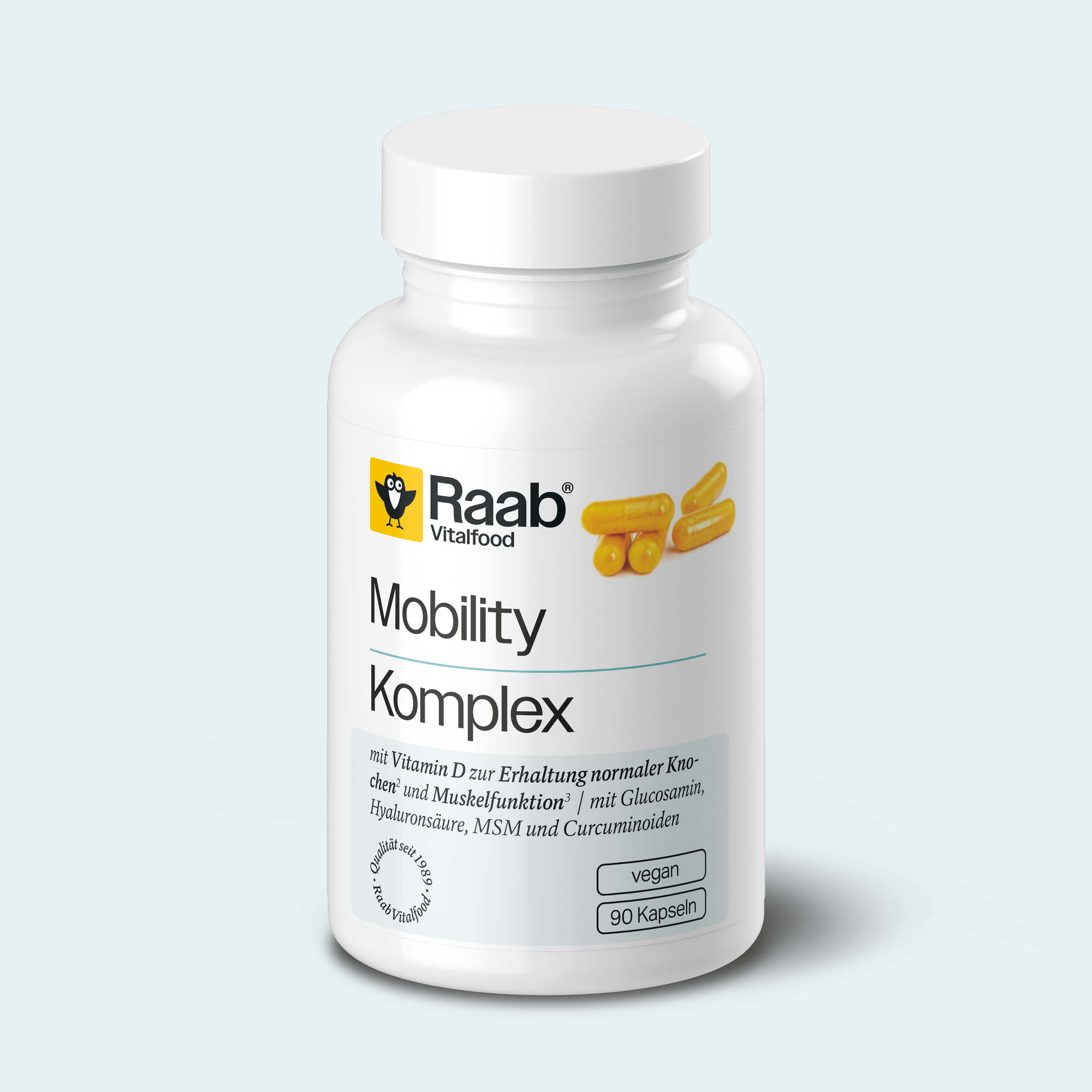 Dose Raab Vitalfood Mobility Komplex mit 90 veganen Kapseln, mit Vitamin D, Glucosamin, Hyaluronsäure, MSM und Curcuminoiden.