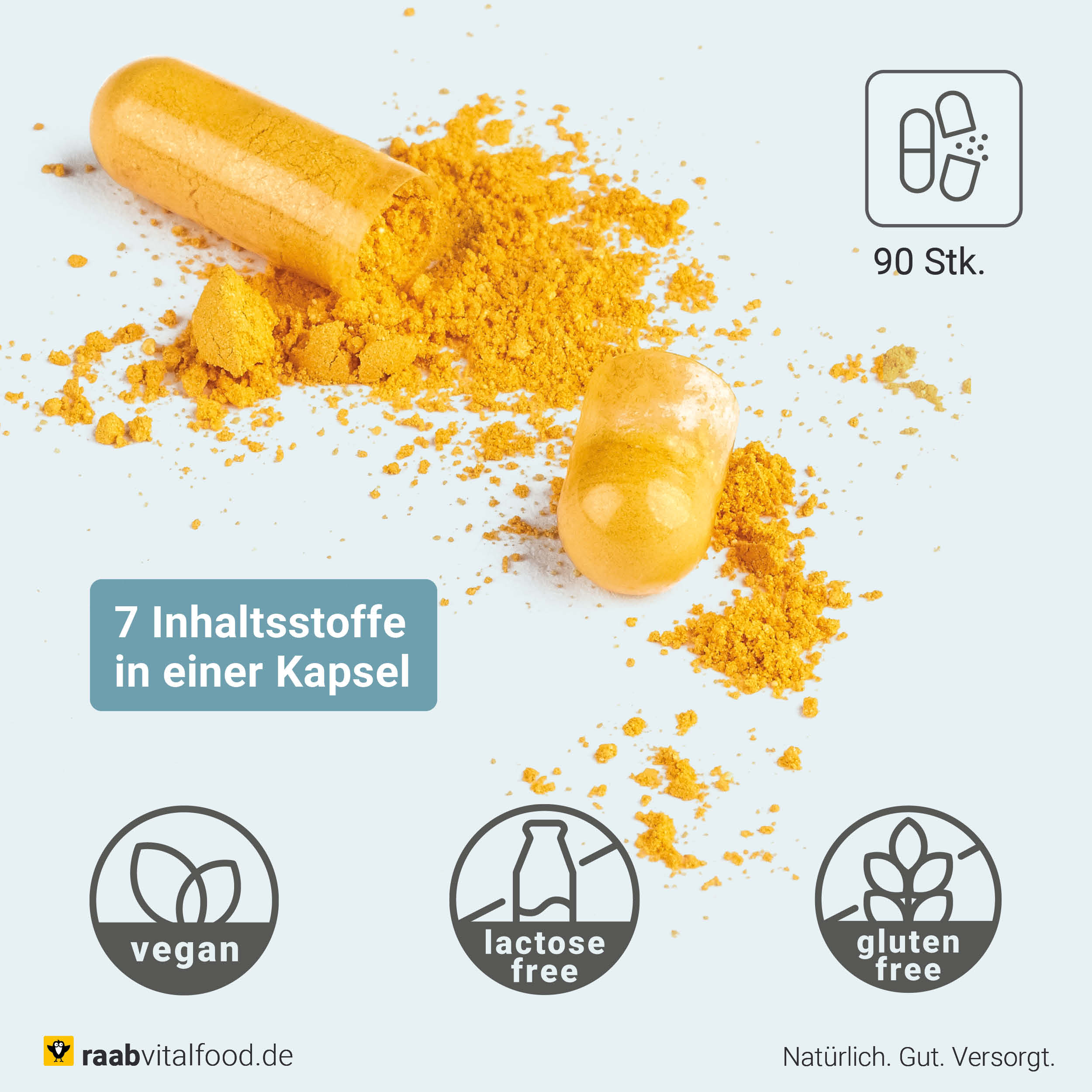Geöffnete Kapsel mit gelben Pulver, Hinweis auf 7 Inhaltsstoffe in einer Kapsel, vegan, glutenfrei und laktosefrei, 90 Stück pro Dose.