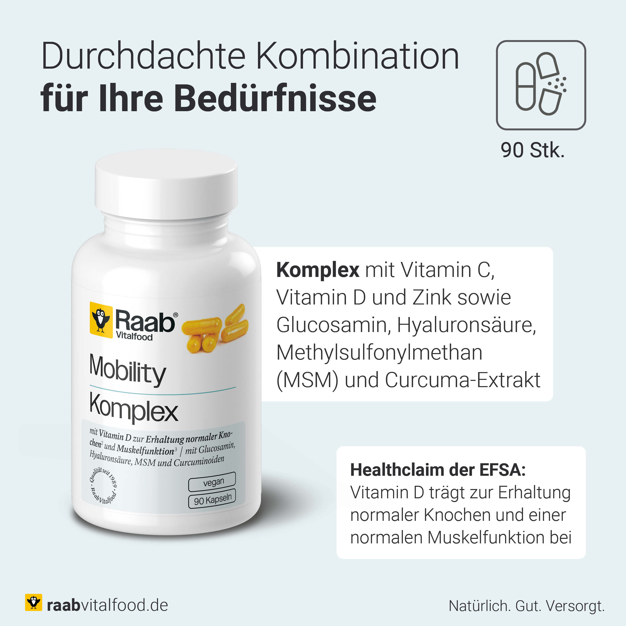 Dose Mobility Komplex mit Erklärung zu enthaltenen Nährstoffen  wie Vitamin D, Zink, Glucosamin, MSM und Curcuma-Extrakt. Health Claim von Vitamin D