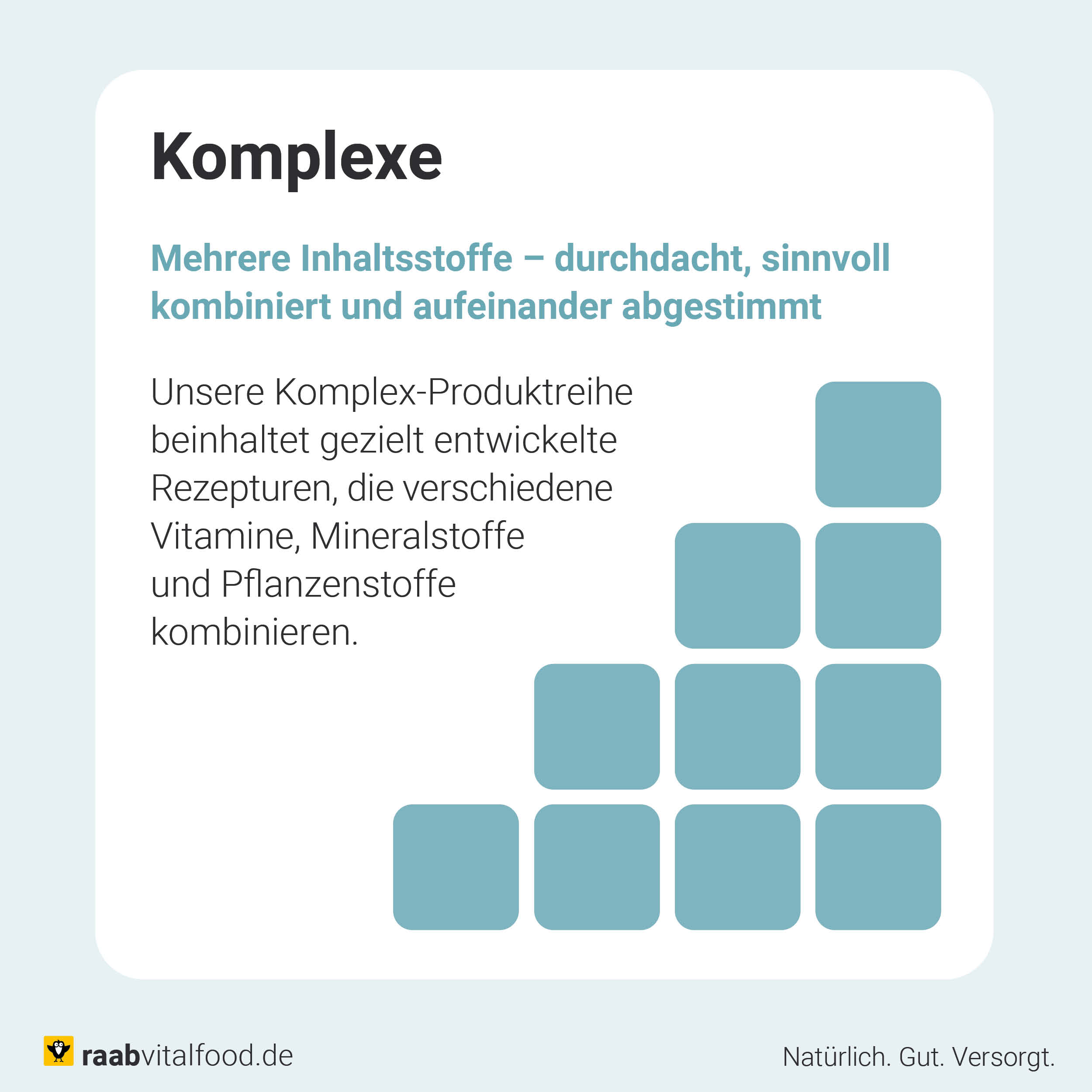 Infografik zur Raab Komplex-Reihe mit Beschreibung der Kombination aus Vitaminen, Mineralstoffen und Pflanzenstoffen in abgestimmten Rezepturen.