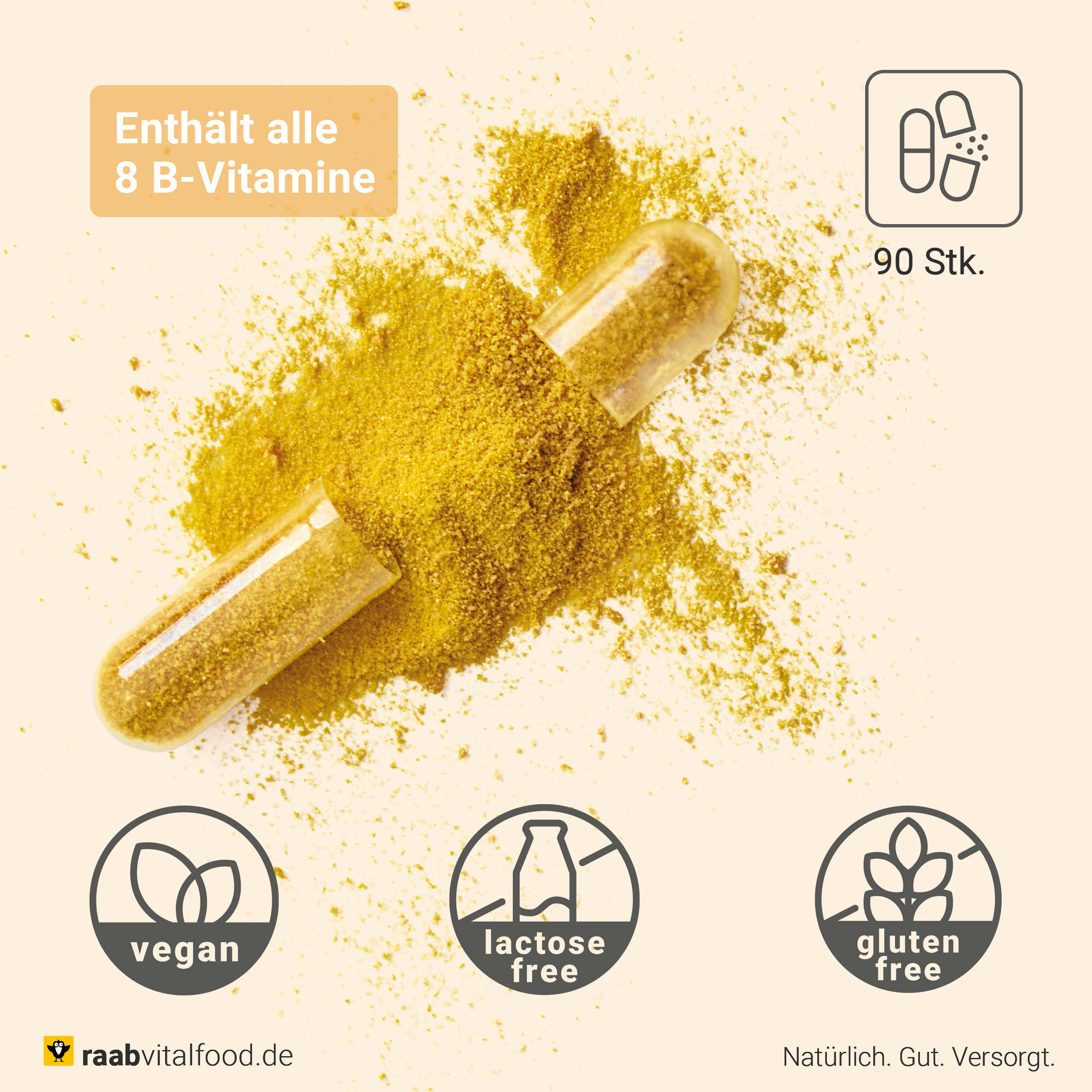 Geöffnete vegane Kapsel mit gelbem Pulver, Produkt enthält alle 8 B-Vitamine, 90 Stück, Icons von laktosefrei, glutenfrei, vegan