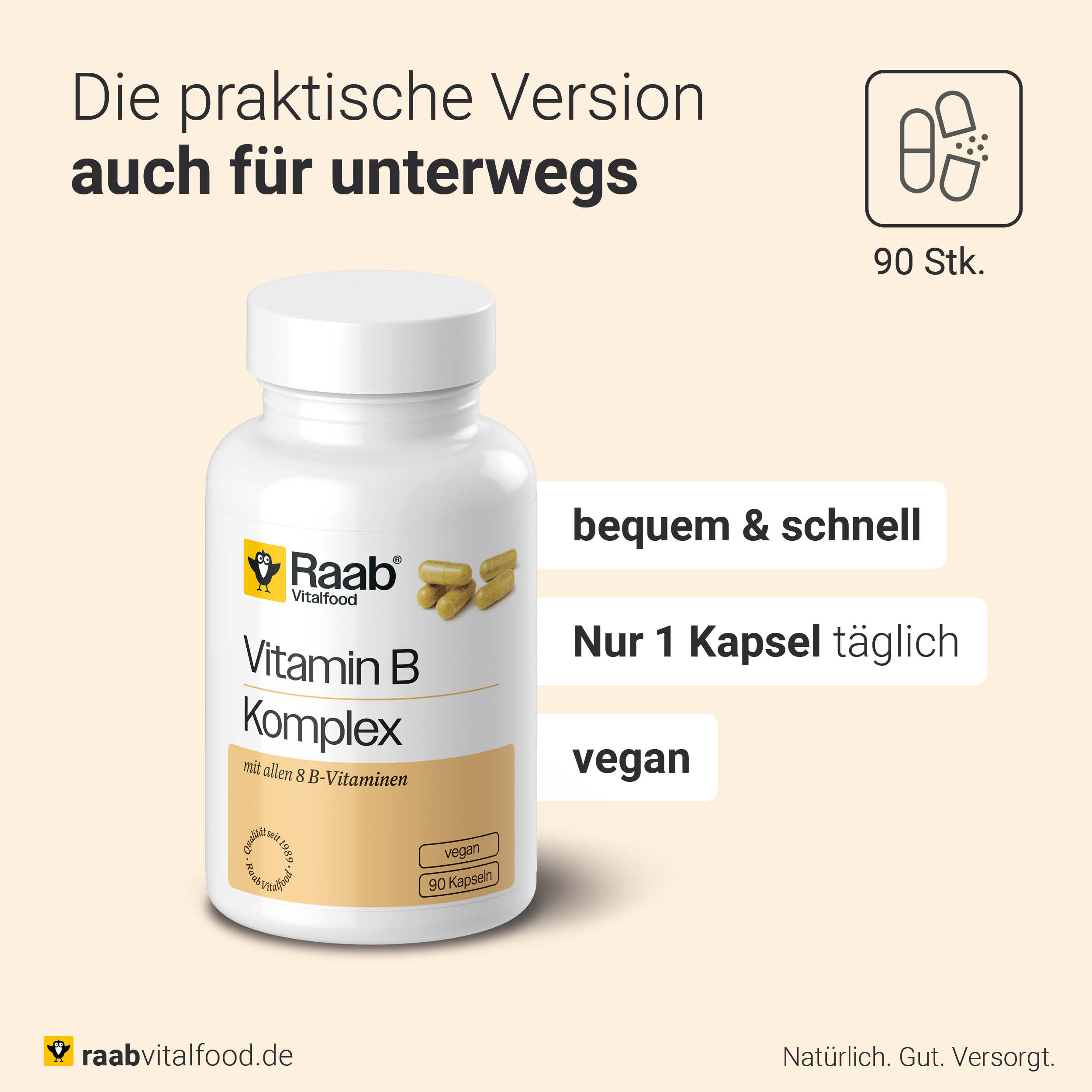 Vitamin B Komplex von Raab Vitalfood mit 90 Kapseln, vegan, ideal für unterwegs, tägliche Einnahme von nur 1 Kapsel.