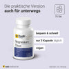 Magnesiumcitrat-Dose mit 75 Kapseln, Darstellung der täglichen Einnahme von 3 Kapseln, geeignet für unterwegs, mit Icon für Kapselanzahl 75 Stück, vegan, bequem und schnell einzunehmen