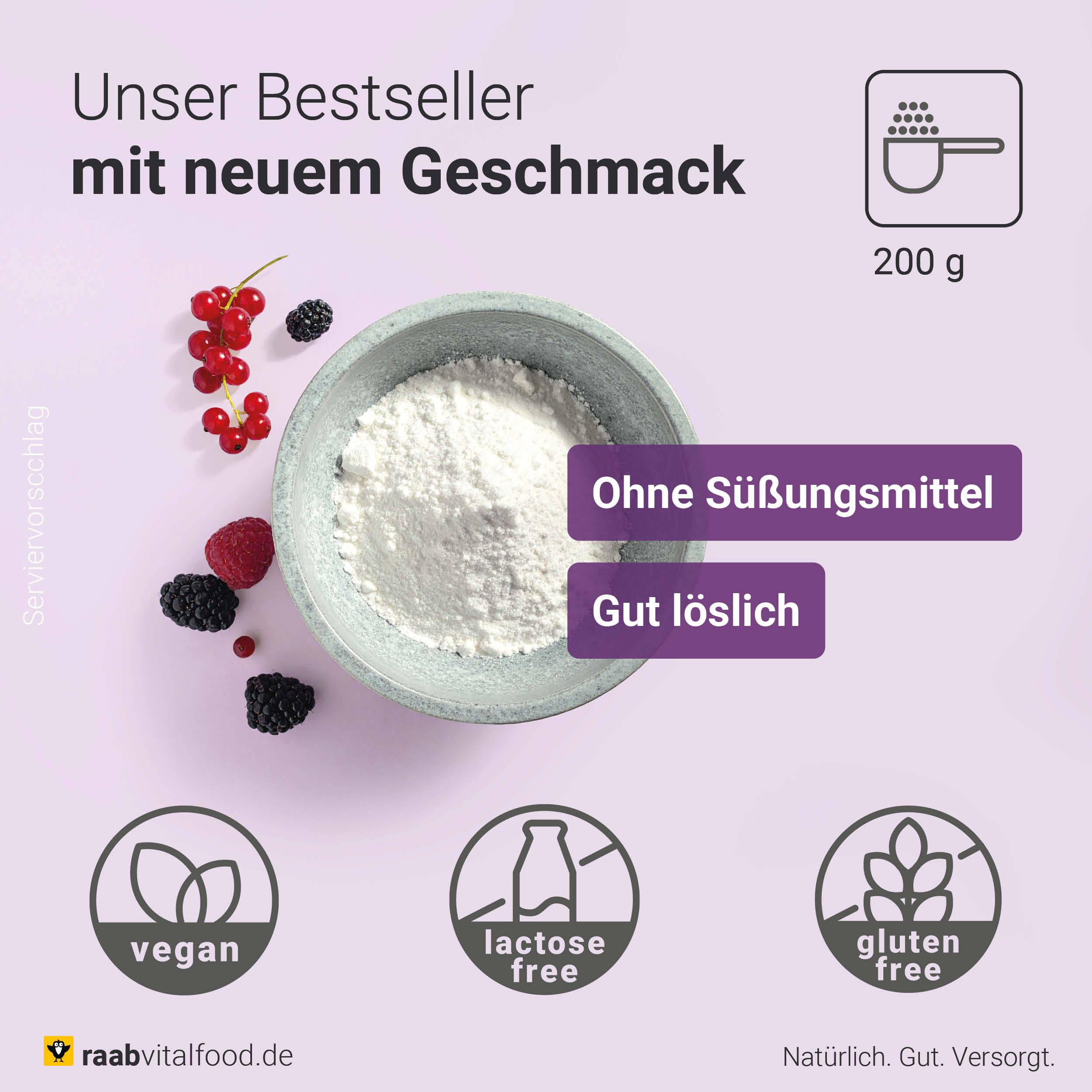 Schale mit weißem Magnesiumcitrat Pulver, dekoriert mit Waldbeeren, Texthinweise auf gute Löslichkeit, ohne Süßungsmittel sowie Icons für vegan, glutenfrei und laktosefrei.