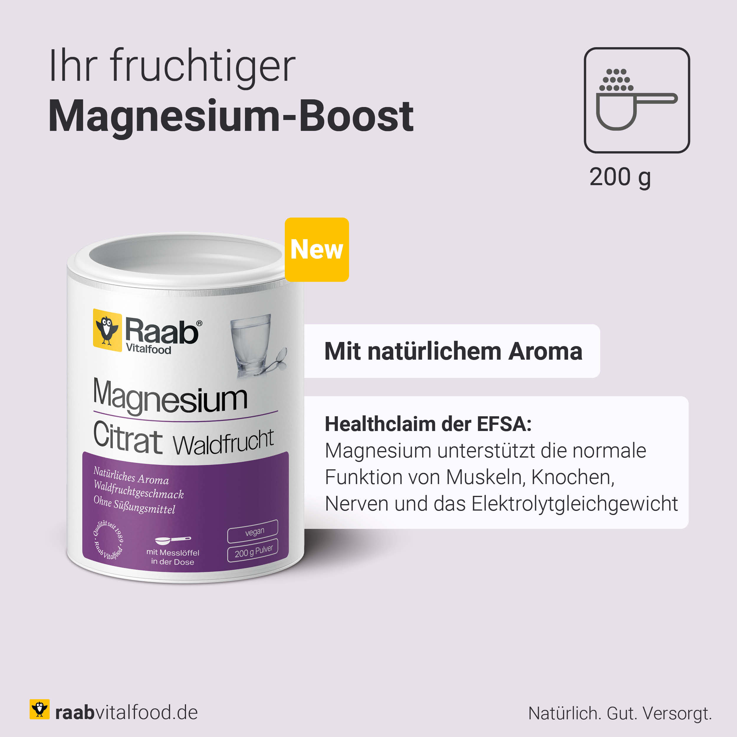 Dose Raab Vitalfood Magnesium Citrat Waldfrucht mit Text zu natürlichem Aroma und EFSA-Health-Claim zur Unterstützung von Muskeln, Knochen, Nerven und Elektrolythaushalt. Titel des Bildes ist: Ihr fruchtiger Magnesium-Boost