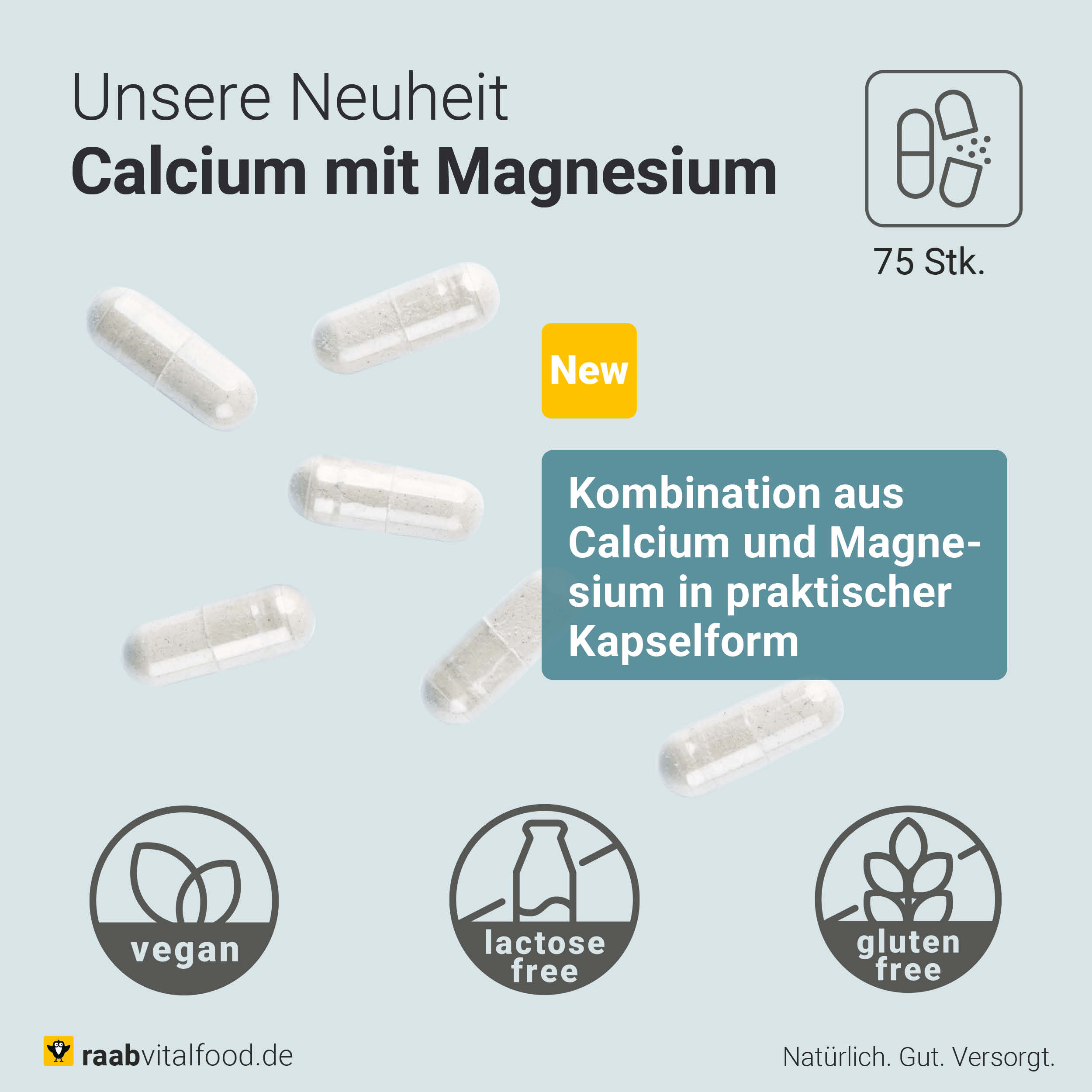 Weiße HPMC-Kapseln auf hellblauem Hintergrund mit Text zur Kombination von Calcium und Magnesium, Label New und Icons für vegan, laktosefrei, glutenfrei.