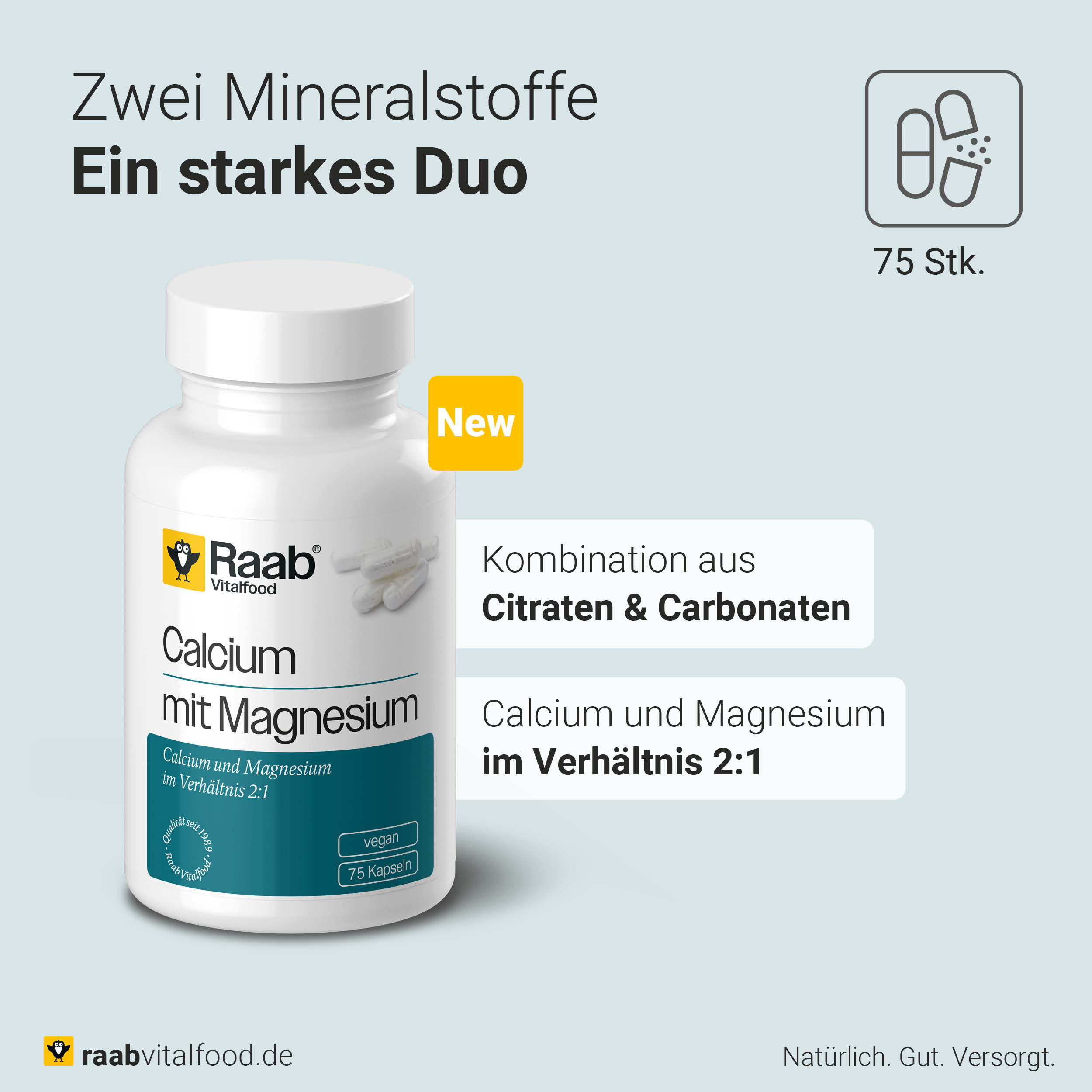 Dose mit Etikett Calcium mit Magnesium von Raab Vitalfood, Text zur Kombination aus Citraten und Carbonaten, Verhältnis Calcium und Magnesium 2:1, 75 vegane HPMC-Kapseln.