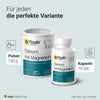 Dose mit 150 g Pulver und Dose mit 75 HPMC-Kapseln von Raab Vitalfood nebeneinander, Text: Für jeden die perfekte Variante, hellblauer Hintergrund.