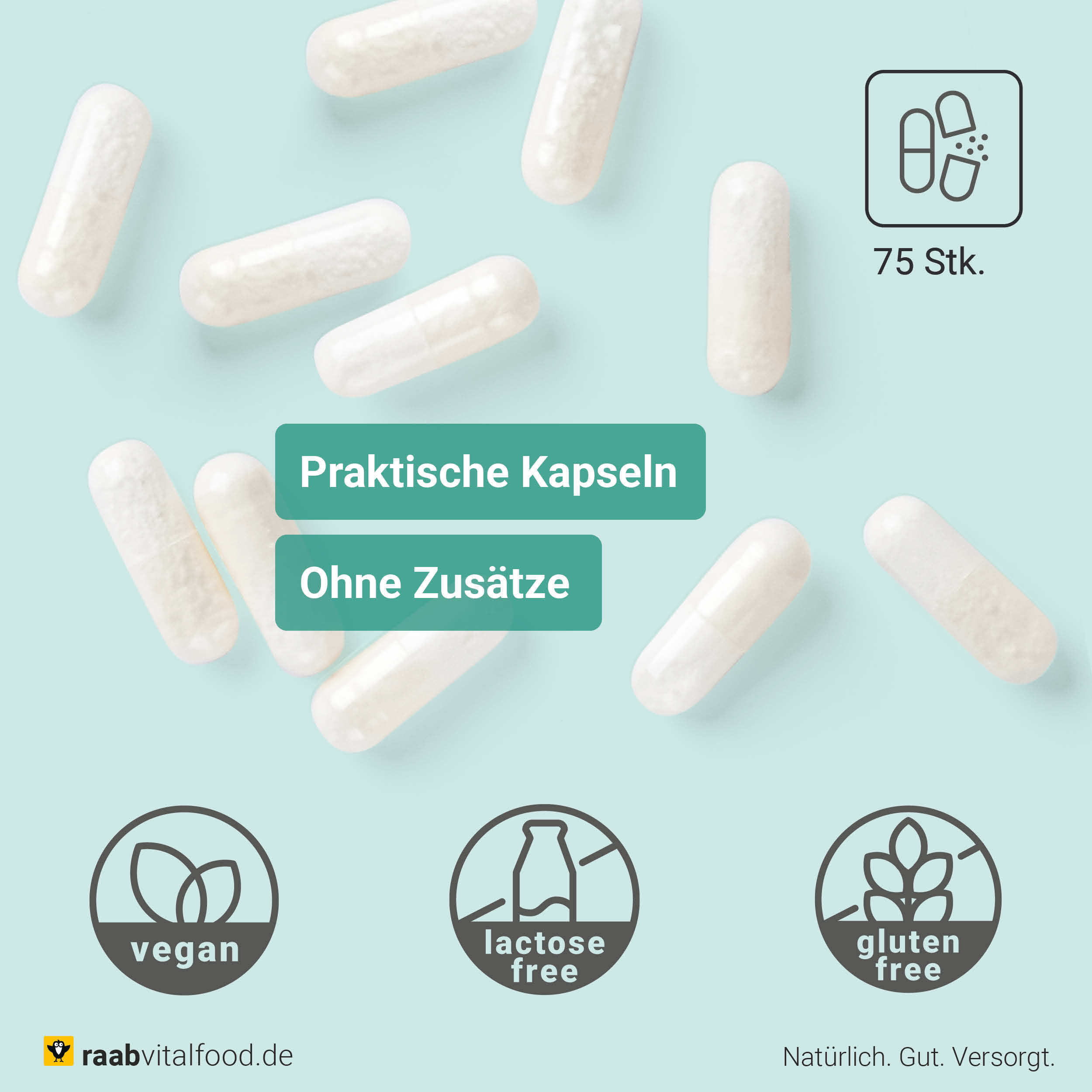 Weiße HPMC-Kapseln auf hellgrünem Hintergrund mit Text Praktische Kapseln, Ohne Zusätze und Icons für vegan, laktosefrei, glutenfrei.
