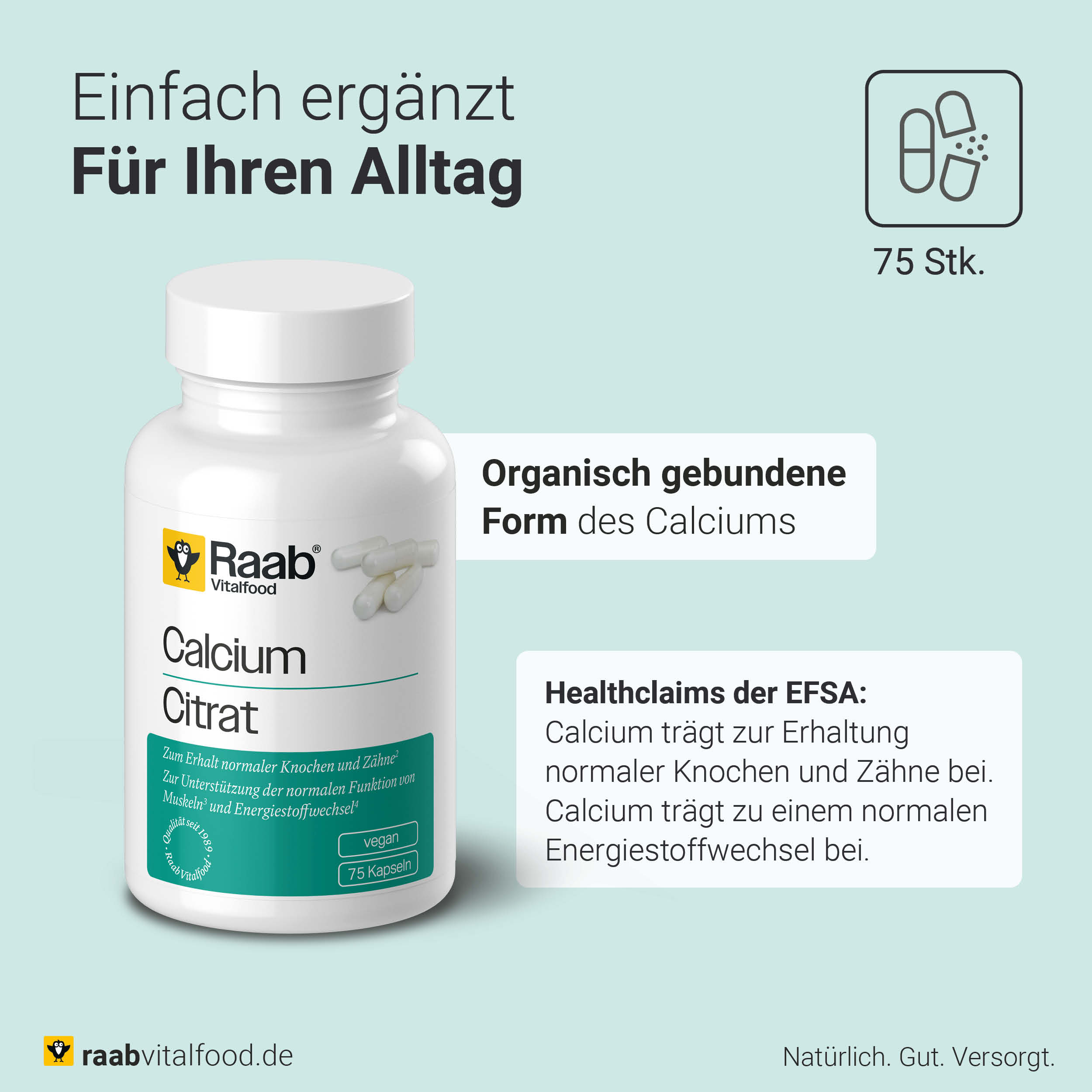Dose mit 75 HPMC-Kapseln, Etikett Calciumcitrat von Raab Vitalfood, daneben Healthclaims der EFSA zu Calcium und Text zur organisch gebundenen Form.