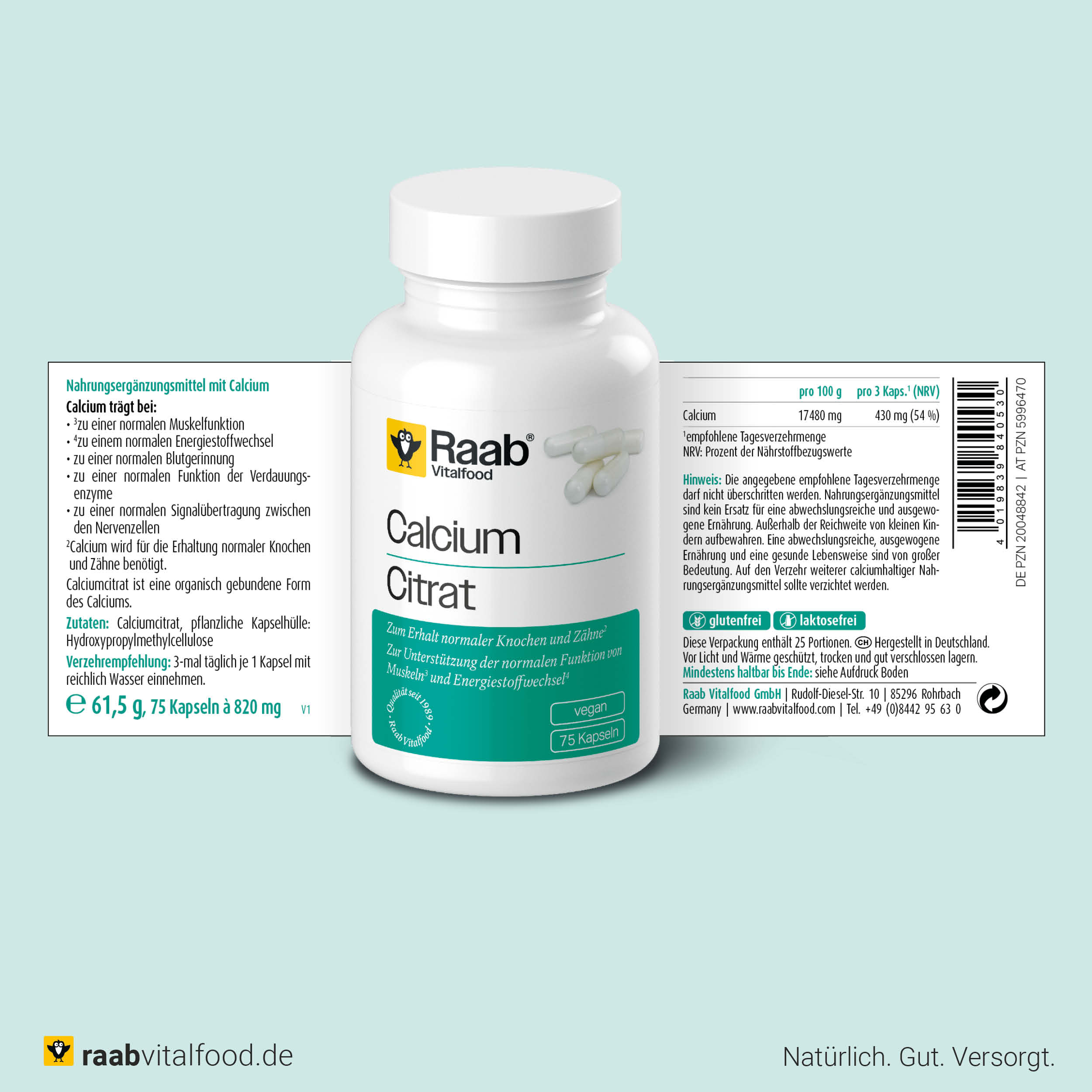 Vorder- und Rückseite der Verpackung von Raab Vitalfood Calciumcitrat mit Angaben zu Inhalt, Anwendung, Nährwerten, 75 veganen HPMC-Kapseln.