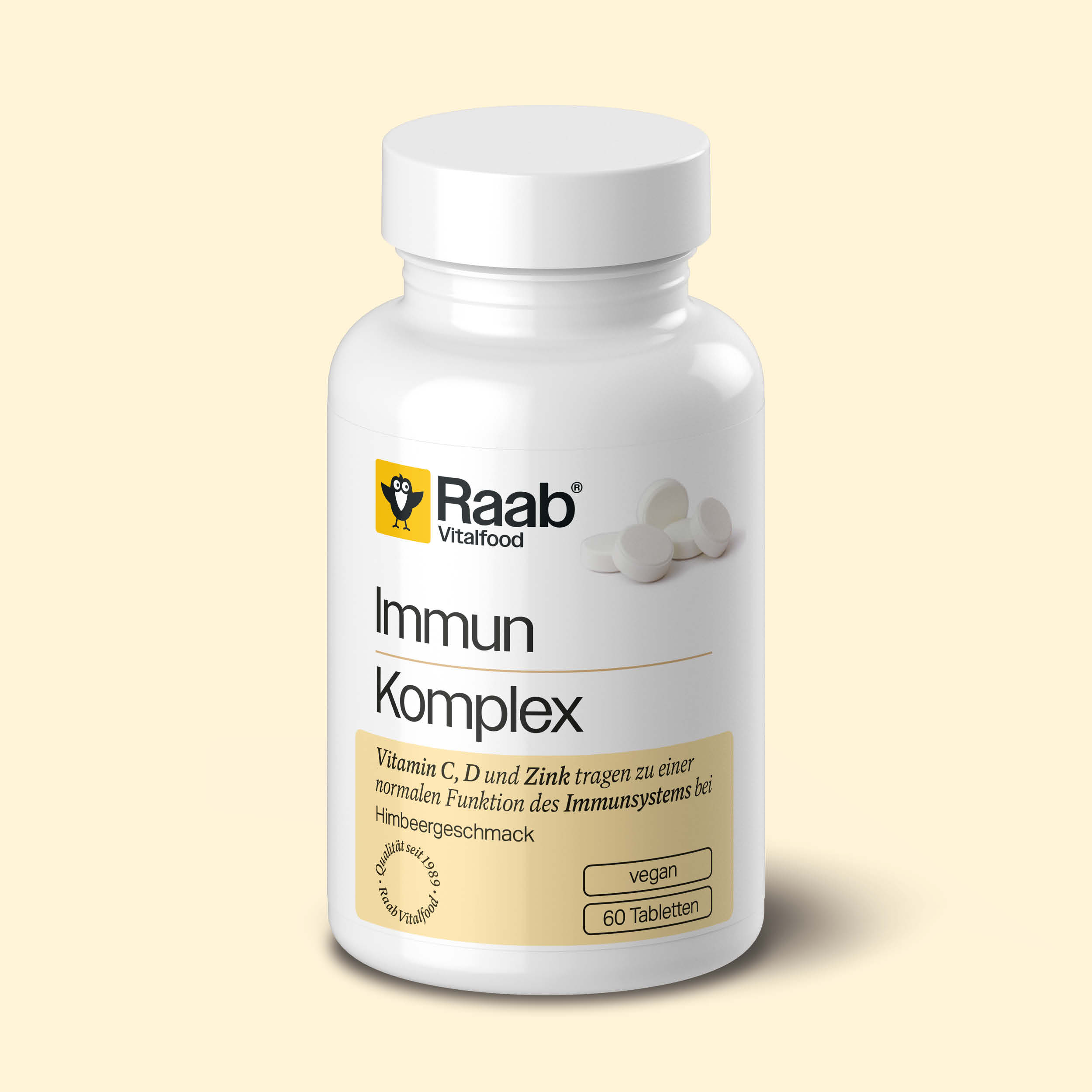 Dose Raab Vitalfood Immun Komplex mit 60 veganen Lutschtabletten und Himbeergeschmack, Vitamin C, D und Zink zur Unterstützung des Immunsystems.