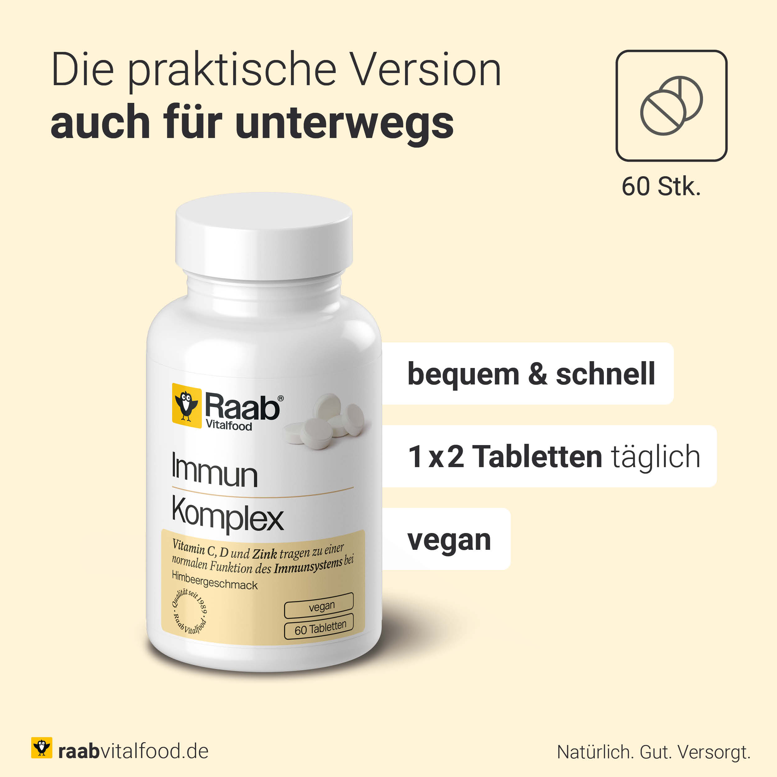 Immun Komplex von Raab Vitalfood mit 60 Tabletten, Hinweise zur Einnahme 1x2 täglich, vegan, praktisch für unterwegs, mit Tabletten-Symbol.