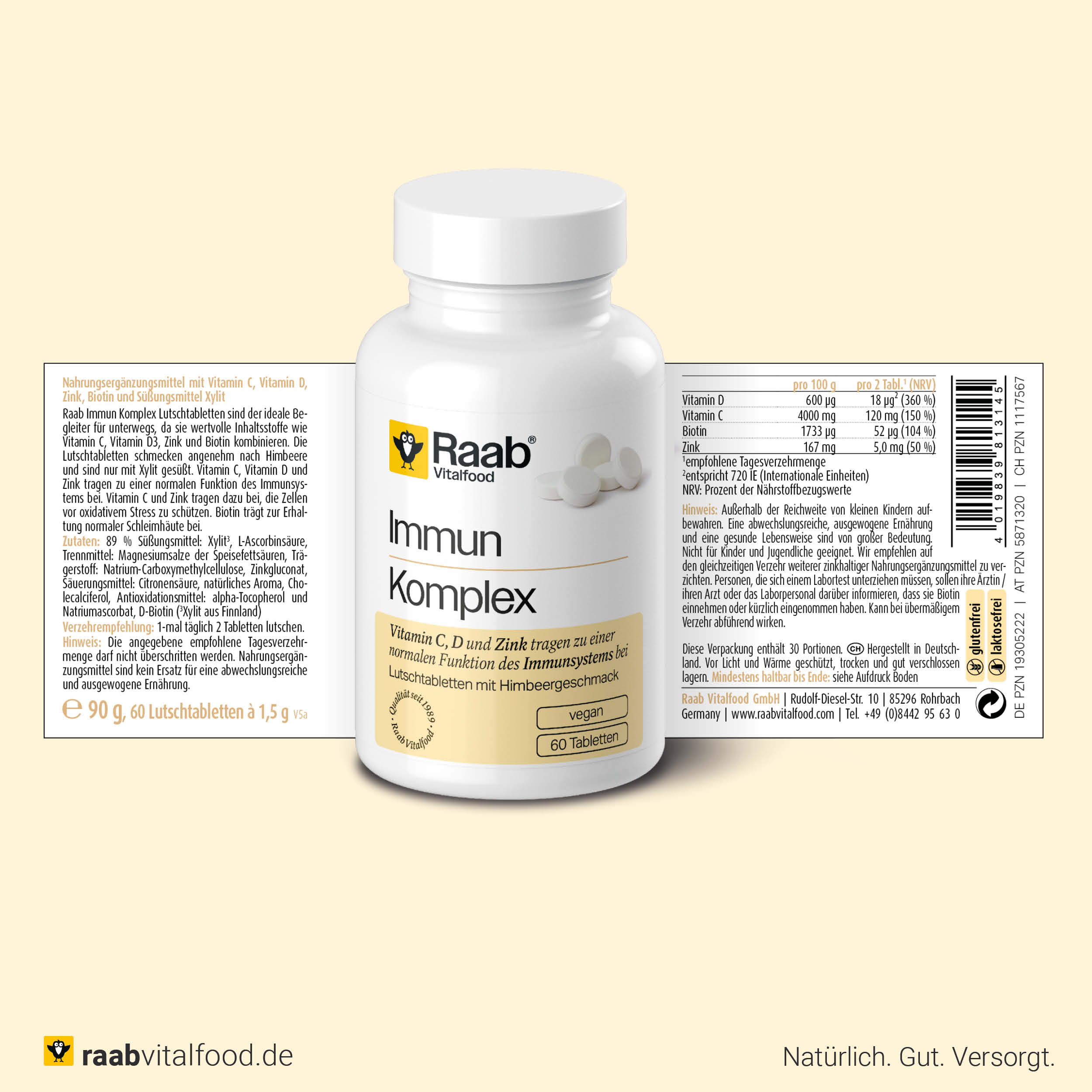 Vorder- und Rückseite der Verpackung Raab Vitalfood Immun Komplex mit Inhaltsstoffen, Nährwertangaben und Verzehrempfehlung zu den 60 veganen Lutschtabletten.