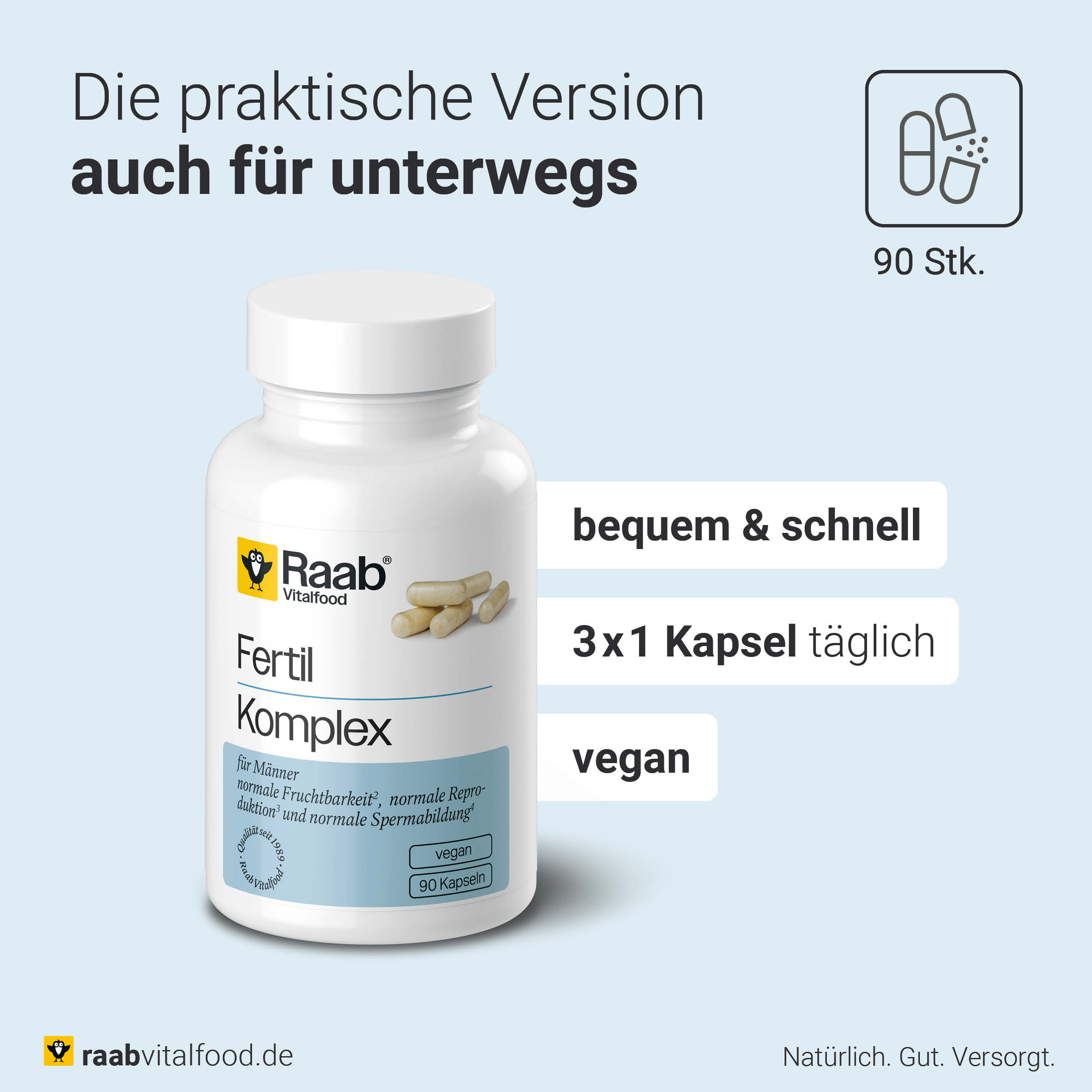 Raab Vitalfood Fertil Komplex in Dose mit 90 Kapseln, dargestellt als praktische und vegane Lösung für unterwegs, empfohlene Tagesdosis 3 x 1 Kapsel.