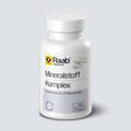 Dose Raab Vitalfood Mineralstoff Komplex mit 75 veganen Kapseln, Kombination aus 10 Mineralstoffen - darunter Magnesium, Calcium, Eisen, Zink, Mangan, Dose auf hellem Hintergrund.
