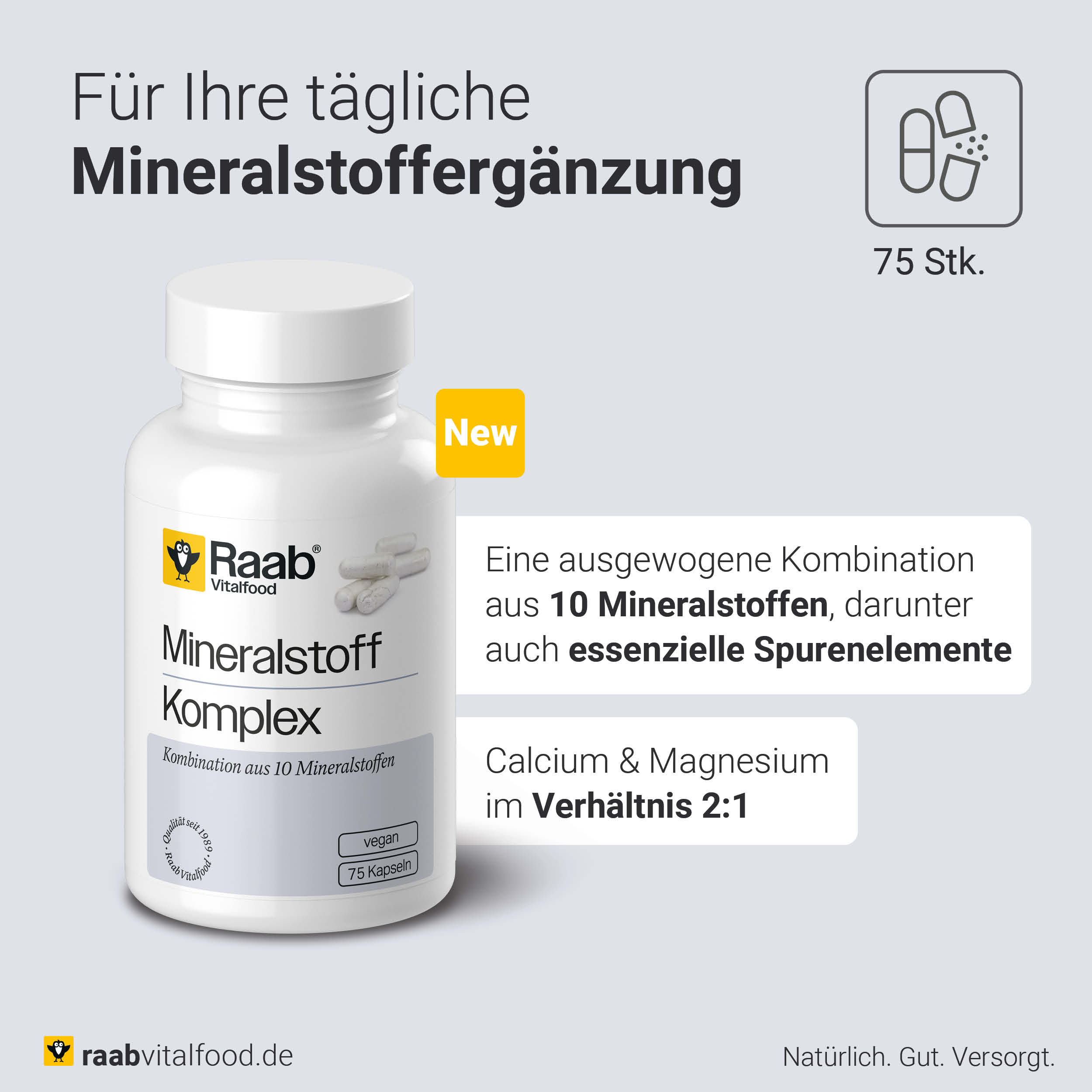 Mineralstoff Komplex Inhaltsstoffe - 10 Mineralstoffe mit Calcium, Magnesium, Eisen, Zink und Selen - 75 Kapseln in einer Dose
