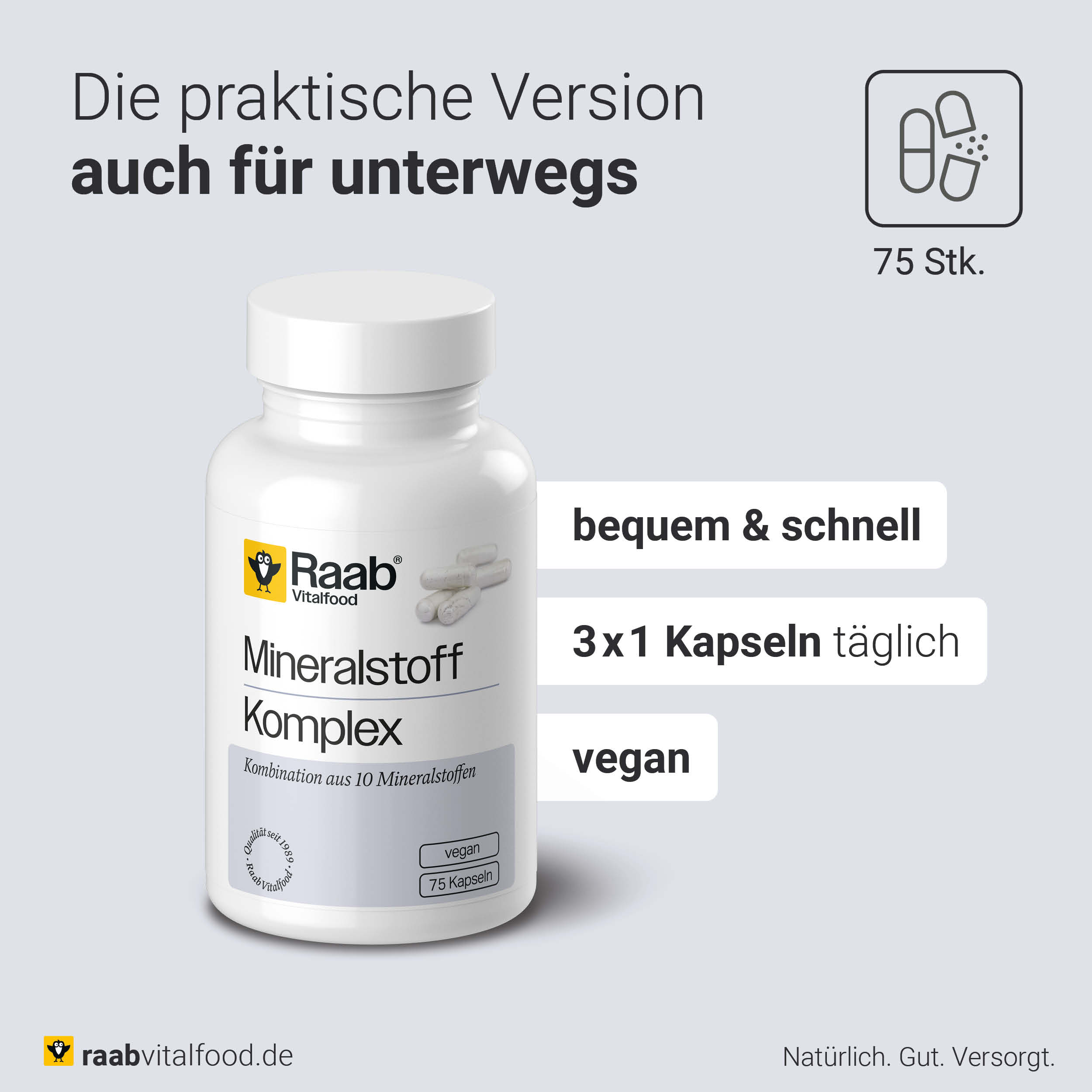 Dose Raab Mineralstoff Komplex mit Hinweis auf praktische Einnahme von 3 x 1 Kapsel täglich, vegan, ideal für unterwegs, 75 Stück.