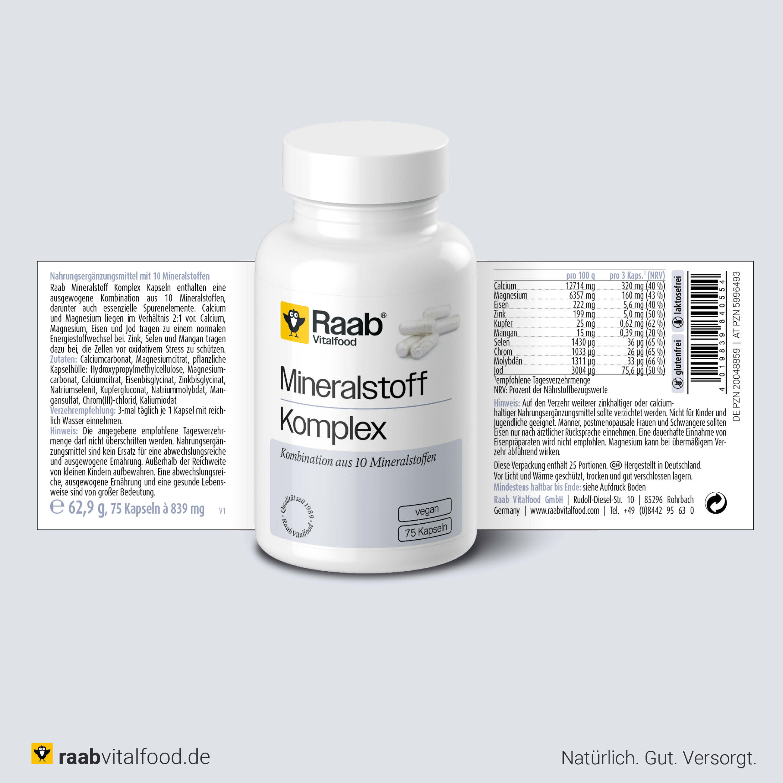 Vorder- und Rückseite der Raab Mineralstoff Komplex Dose mit Zutatenliste, Nährwertangaben, Verzehrempfehlung und Produktinformationen zu 10 enthaltenen Mineralstoffen.