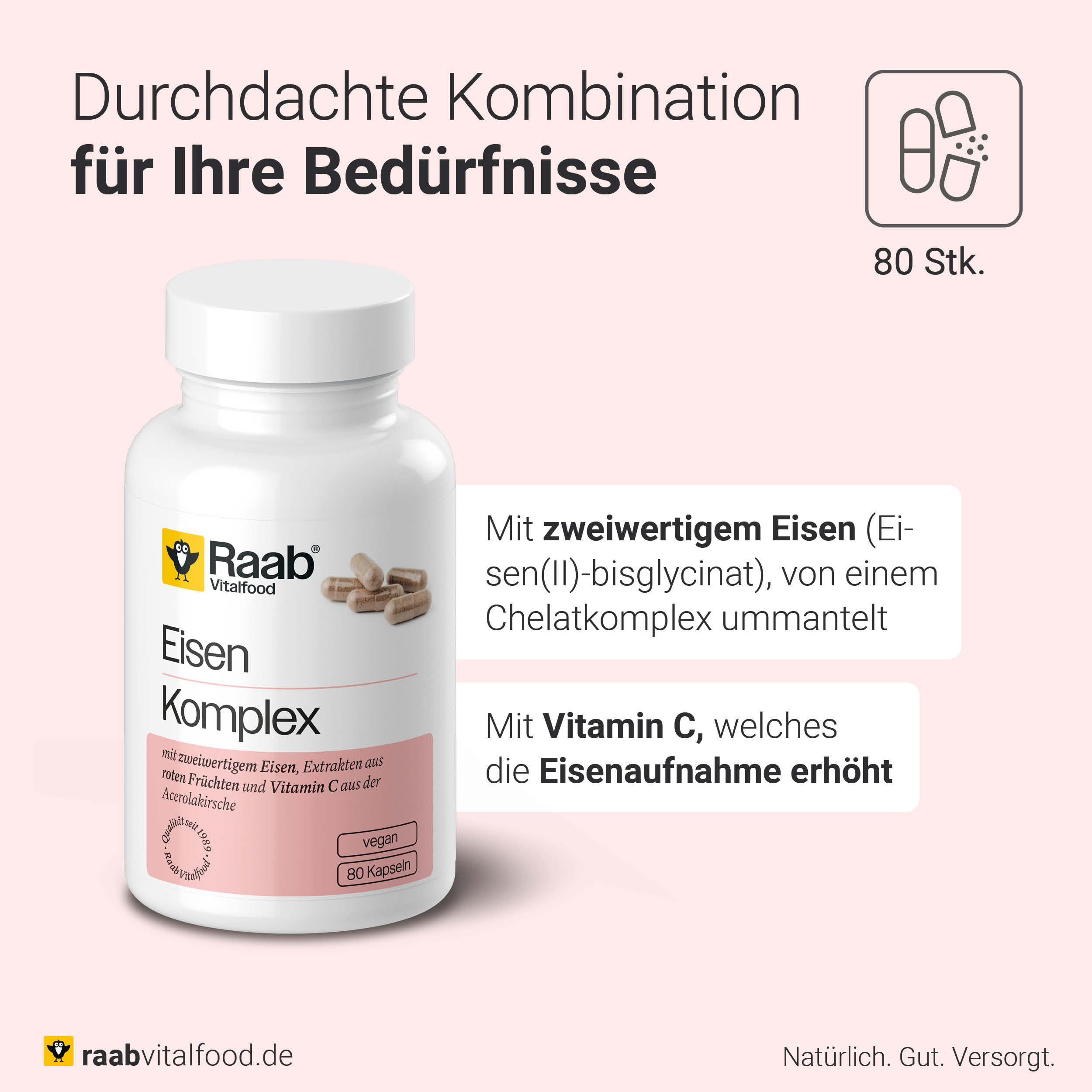 Dose Raab Eisen Komplex mit Beschreibung: zweiwertiges Eisen (Eisen(II)-bisglycinat) und Vitamin C zur verbesserten Eisenaufnahme als durchdachte Kombination, 80 Kapseln in einer Dose