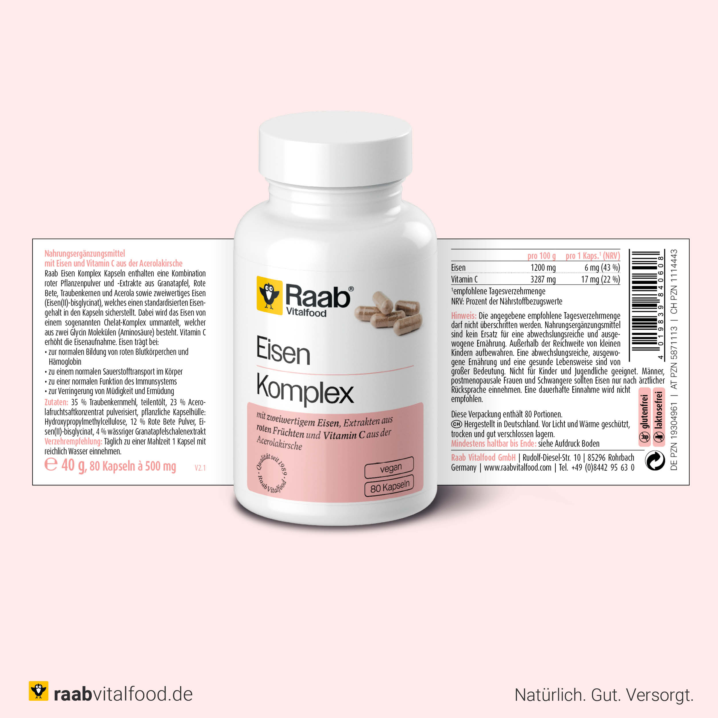 Vorder- und Rückseite der Eisen Komplex Dose mit Zutatenliste, Nährwerten und Health Claims, 80 vegane Kapseln mit zweiwertigem Eisen und Vitamin C.