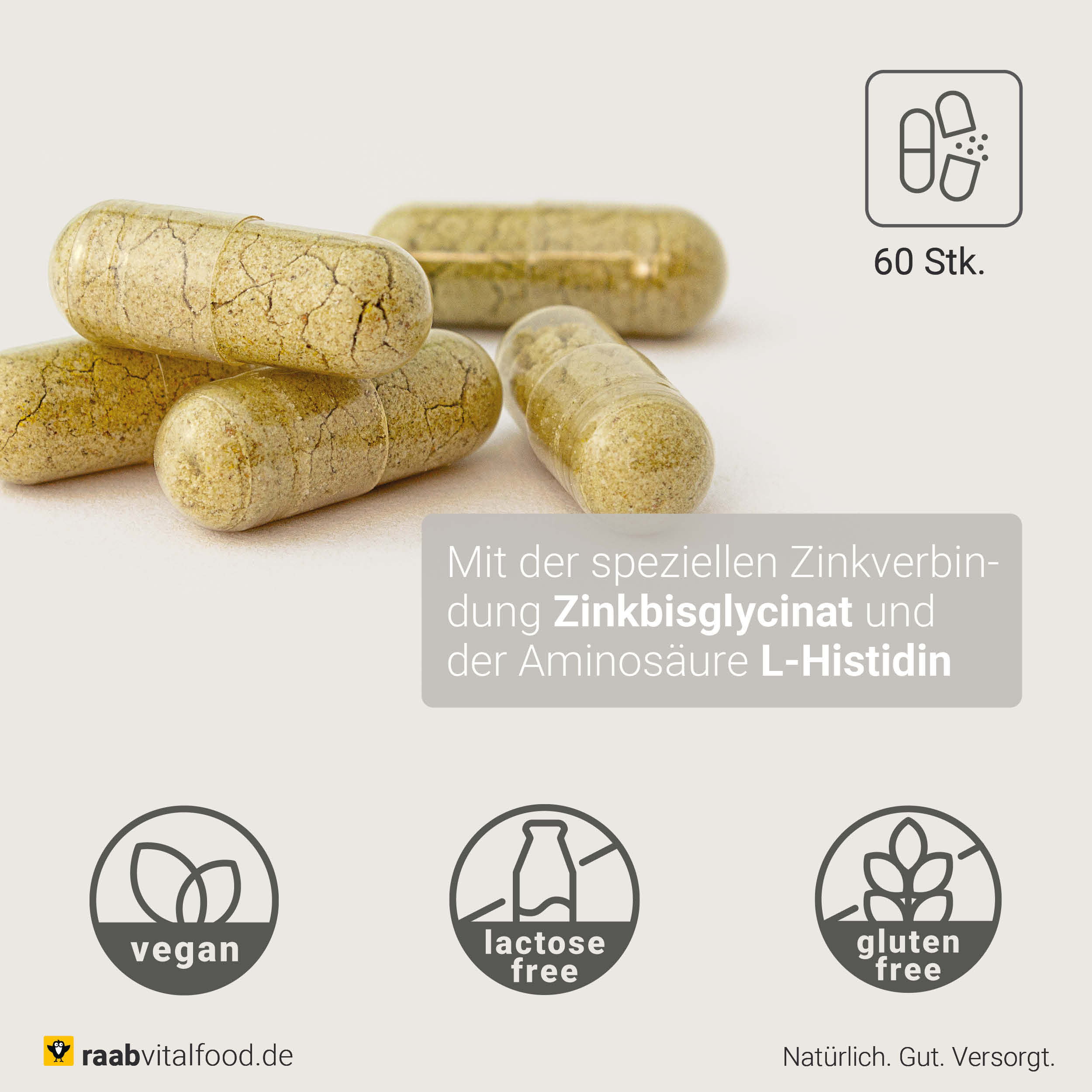 Zink Komplex Inhaltsstoffe - Zinkbisglycinat mit L-Histidin und Kürbiskernmehl, 60 vegane Kapseln in einer Dose