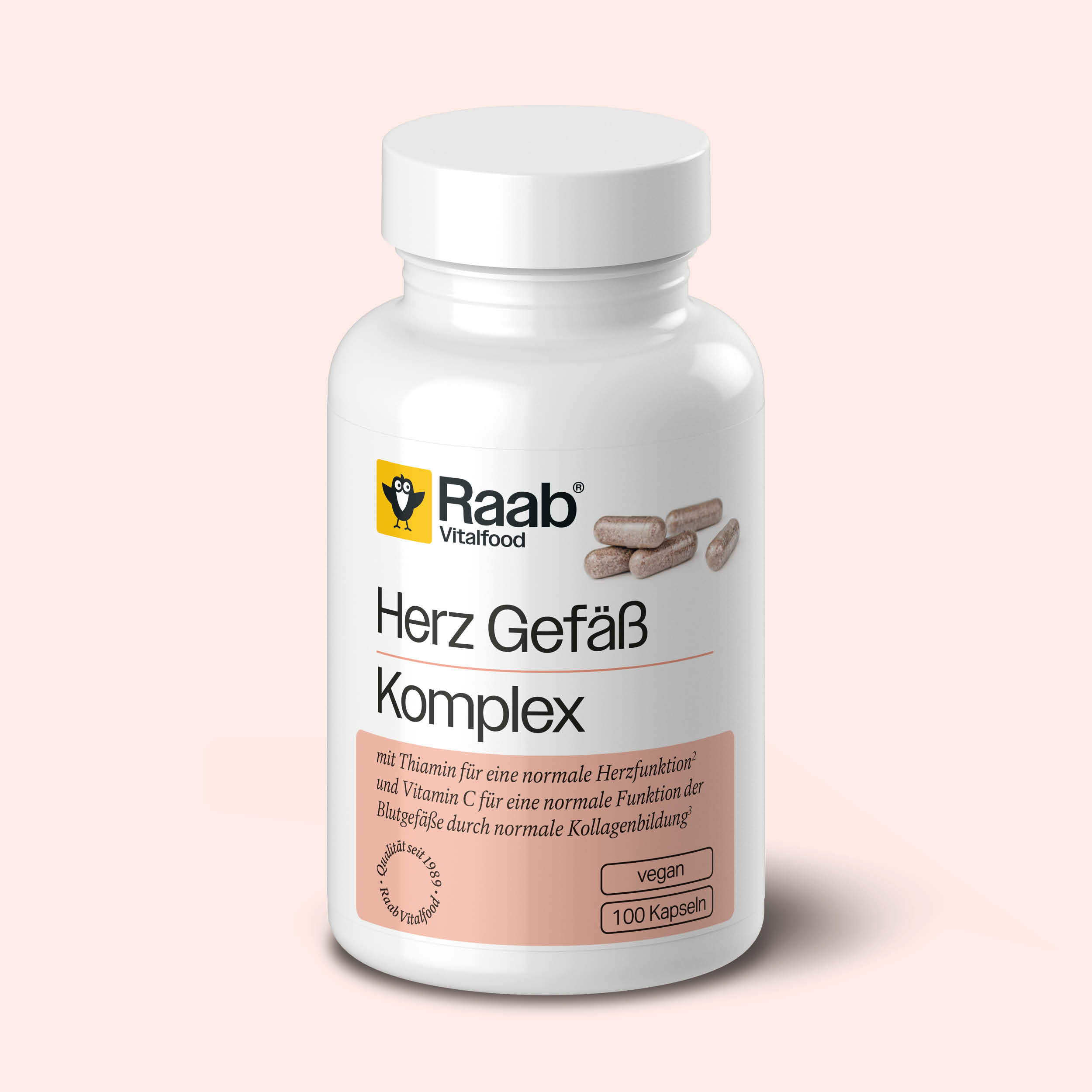 Dose Raab Vitalfood Herz Gefäß Komplex mit 100 veganen Kapseln, mit Vitamin C, Thiamin, Kalium, L-Arginin und pflanzlichen Extrakten.