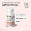 Dose Raab Vitalfood Herz Gefäß Komplex mit 100 veganen Kapseln, Text zur praktischen Einnahme von 2x2 Kapseln täglich, geeignet für unterwegs, mit Symbolen für Kapselmenge und vegan.
