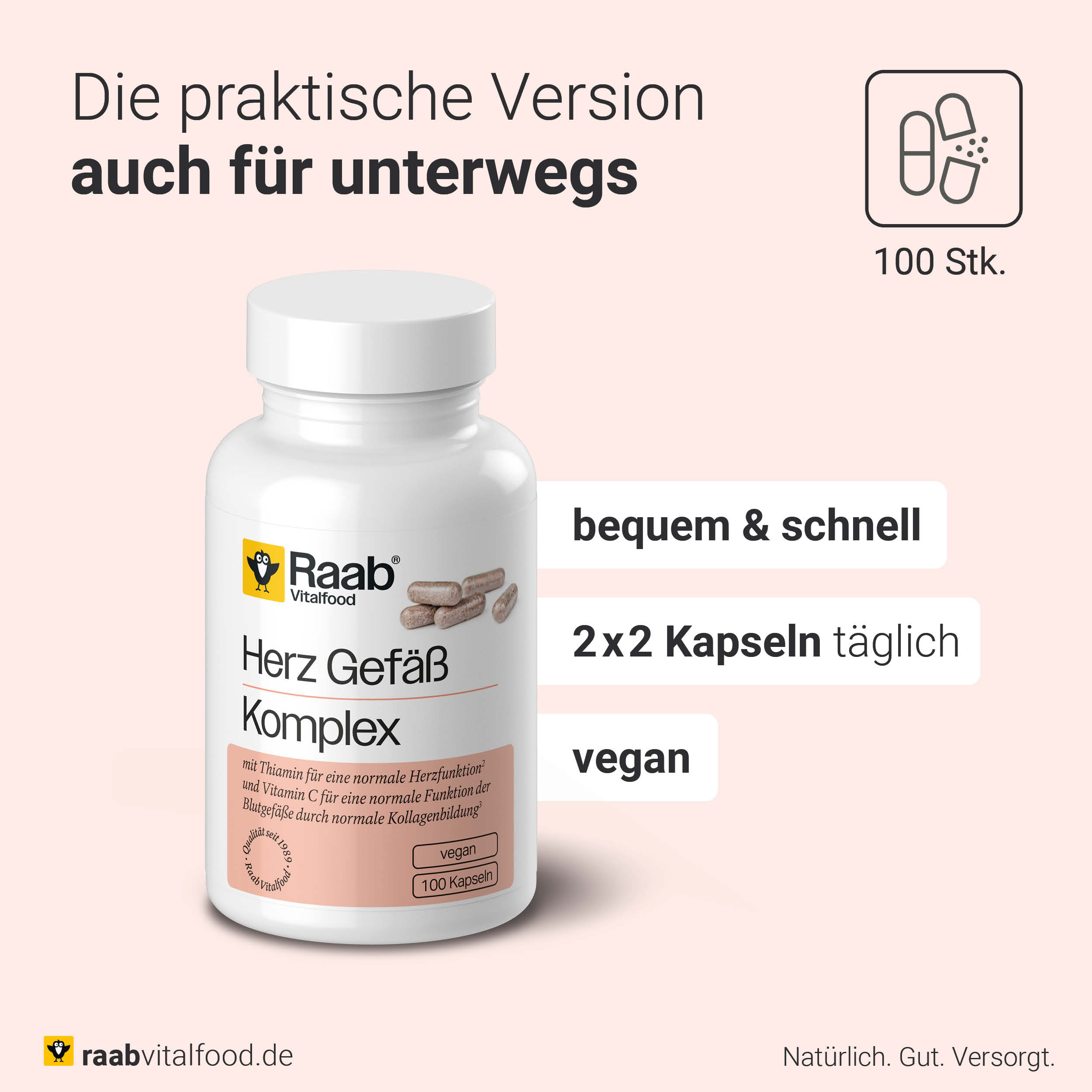 Dose Raab Vitalfood Herz Gefäß Komplex mit 100 veganen Kapseln, Text zur praktischen Einnahme von 2x2 Kapseln täglich, geeignet für unterwegs, mit Symbolen für Kapselmenge und vegan.
