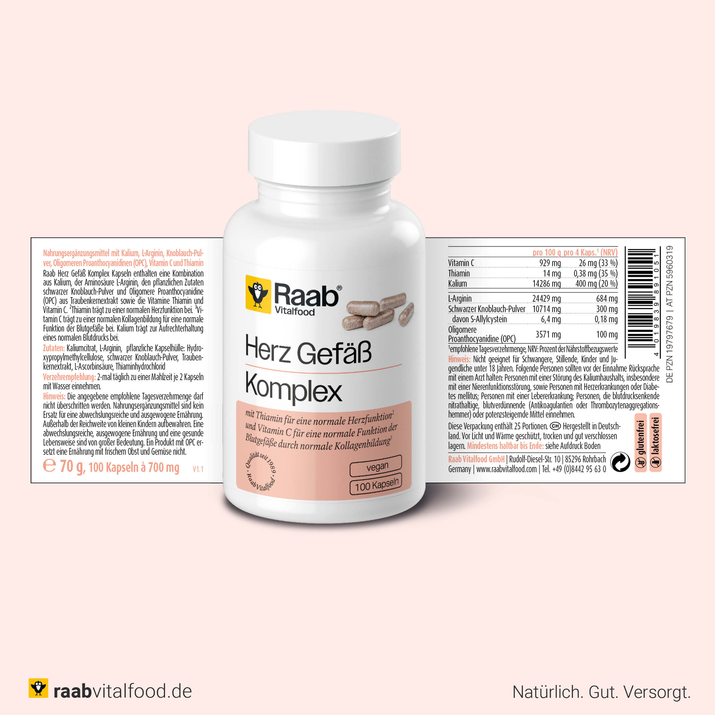 Verpackung von Raab Vitalfood Herz Gefäß Komplex mit Vorder- und Rückseite, inklusive Zutatenliste, Nährwerttabelle und Anwendungshinweis.