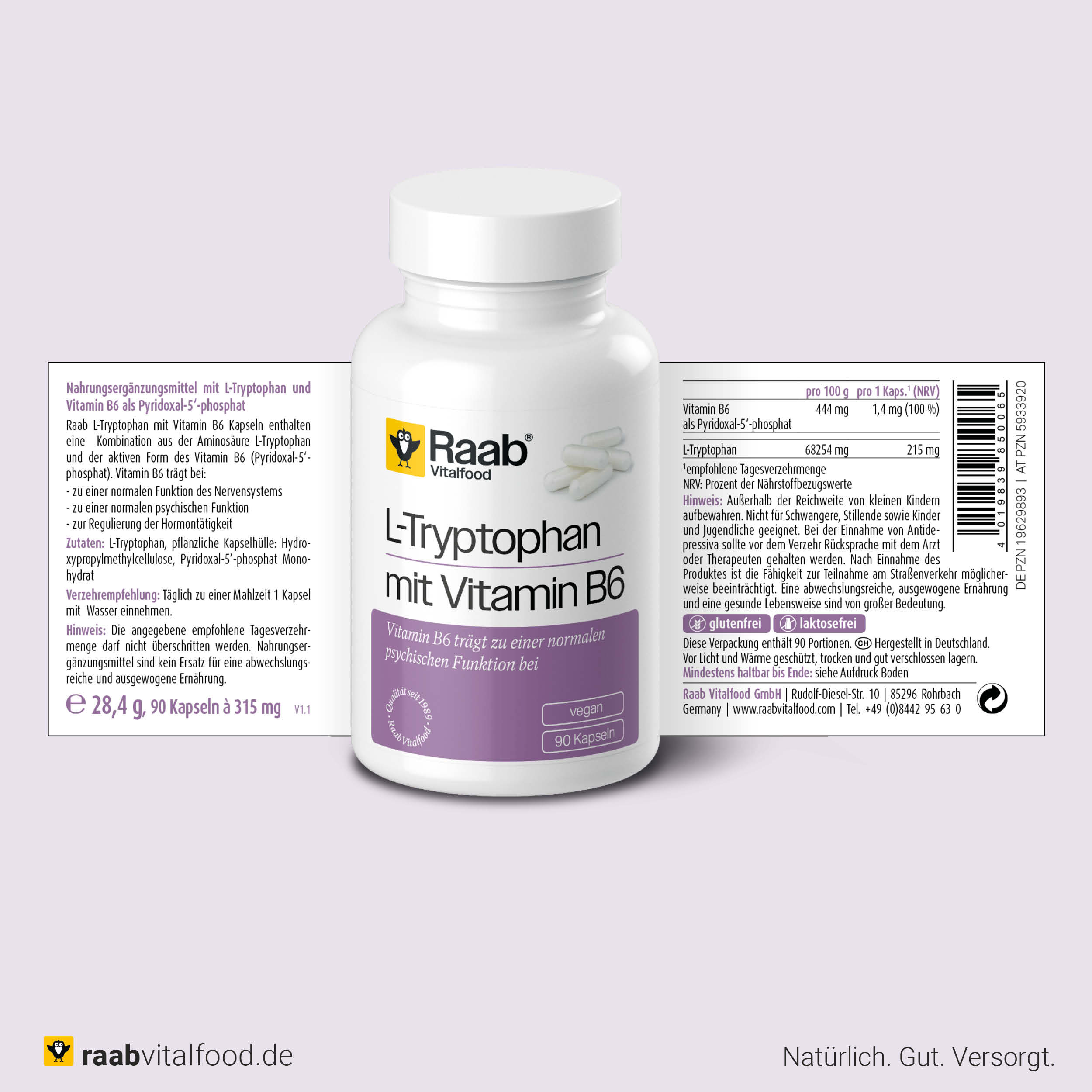 L-Tryptophan mit Vitamin B6 Kapseln - Mit bioaktivem Pyridoxal-5'-phosphat, vegan von Raab Vitalfood