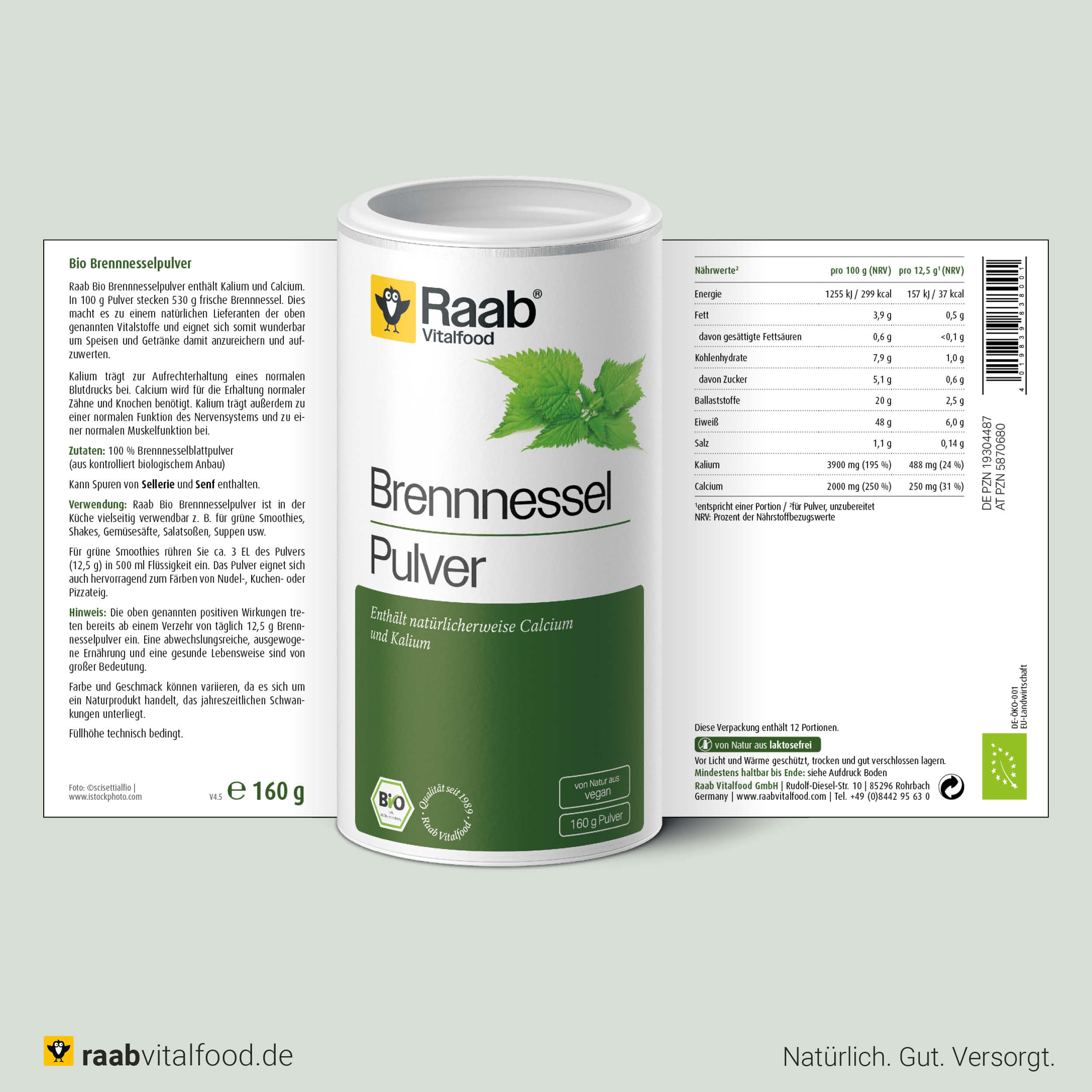 Bio Brennnessel Pulver - Kalium trägt zu einer normalen Muskelfunktion bei, 100% Brennnesselblattpulver von Raab Vitalfood