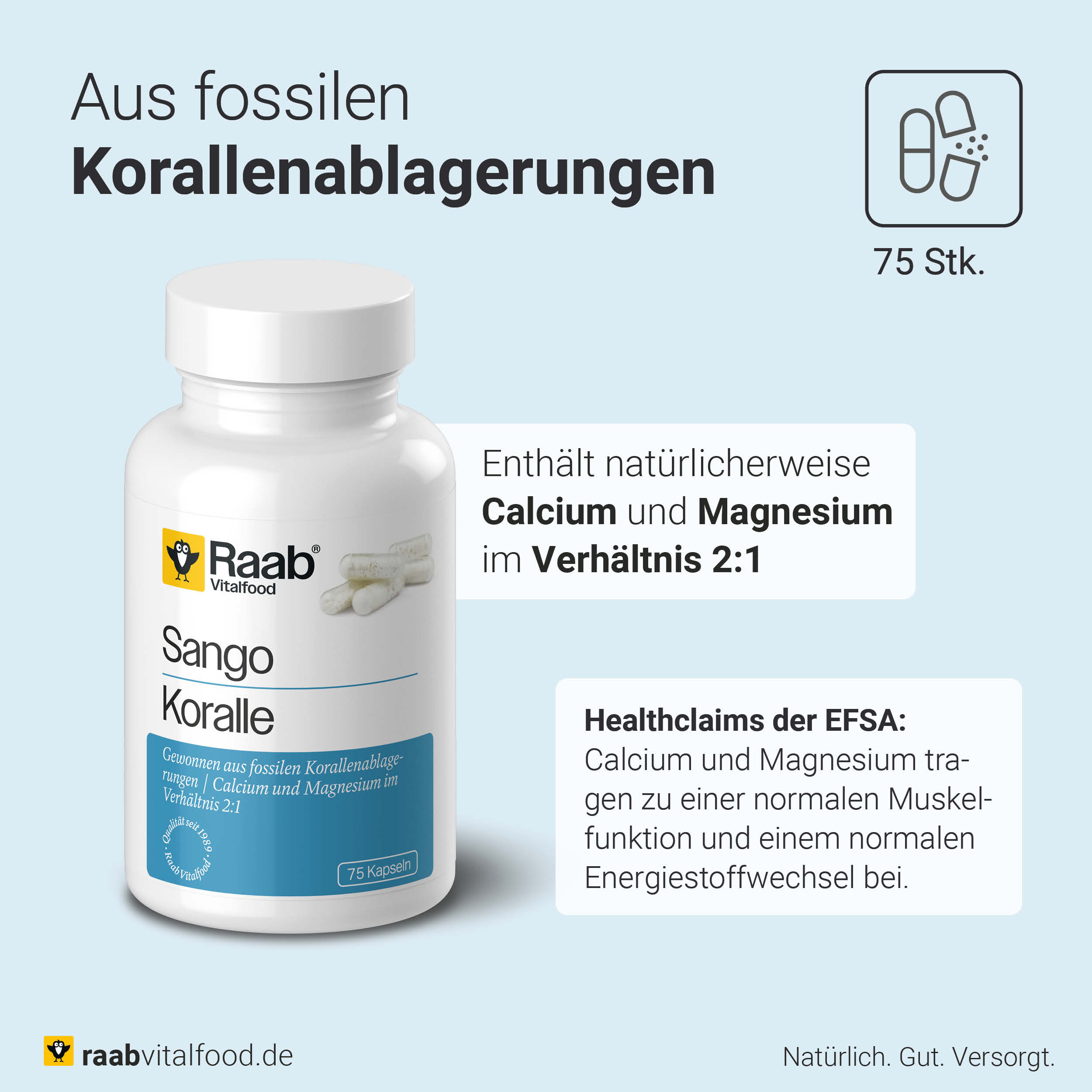Sango Koralle Kapseln - Meereskorallenfossilien aus Japan mit Calcium und Magnesium 2:1 in veganen Kapseln von Raab Vitalfood, 75 vegane Kapseln in einer Dose