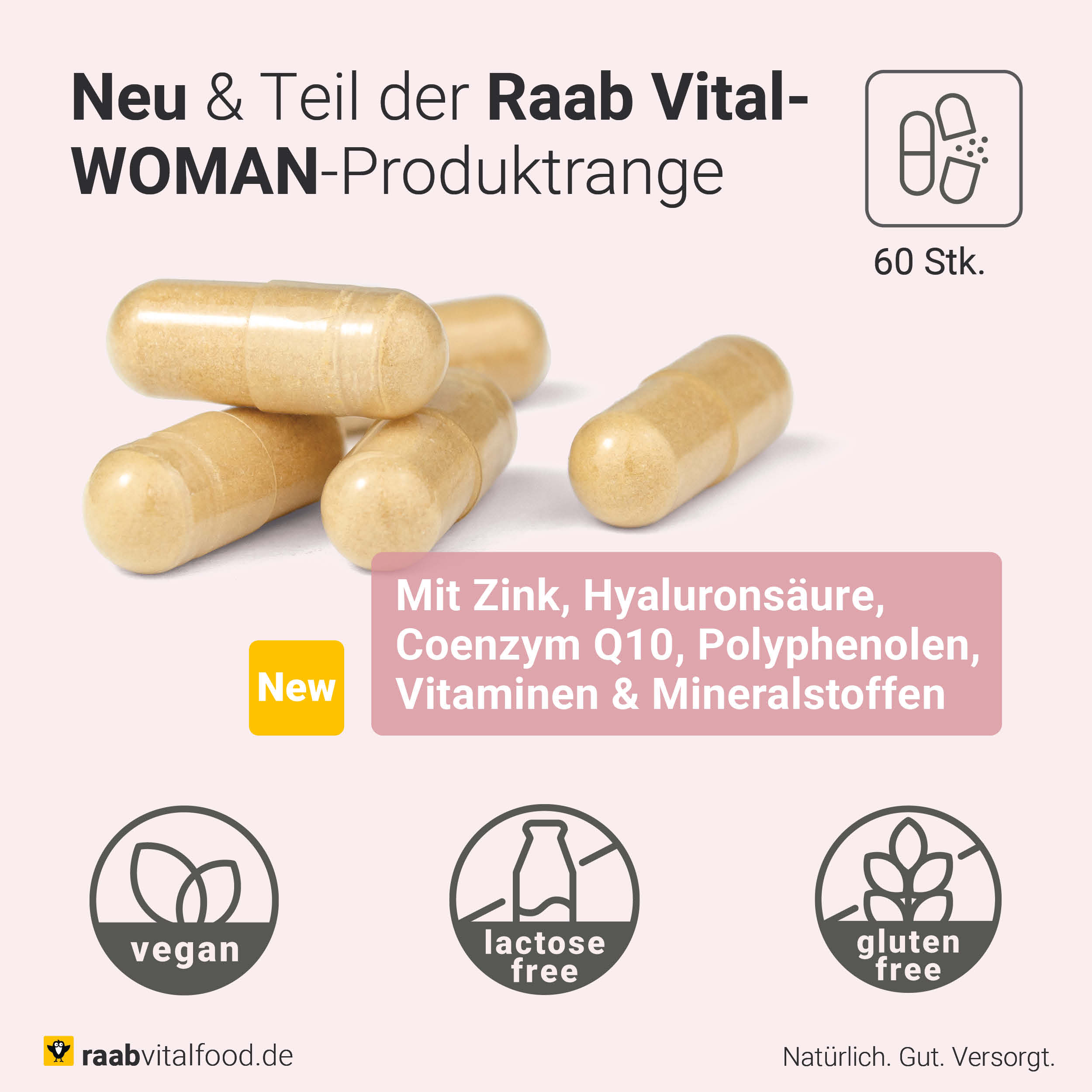 Haut Haar Nägel Komplex Kapseln - Vegan mit Biotin, Vitamin C und B-Vitaminen von Raab Vitalfood, 60 Kapseln in einer Dose